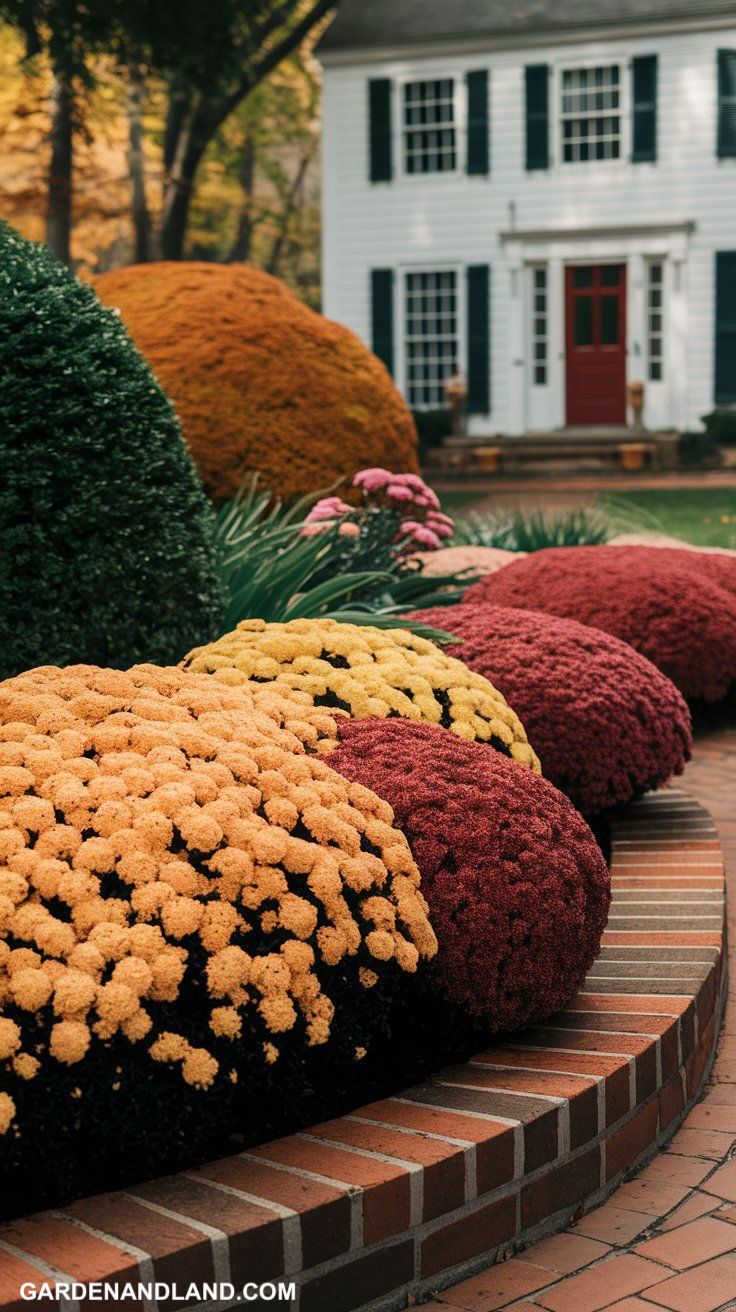 Garden edging ideas Brick Edging fall mums garden near a white colonial house
