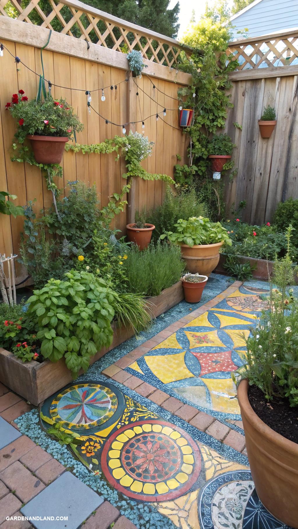 backyard patio designs Colorful mosaic tiles around a herb garden