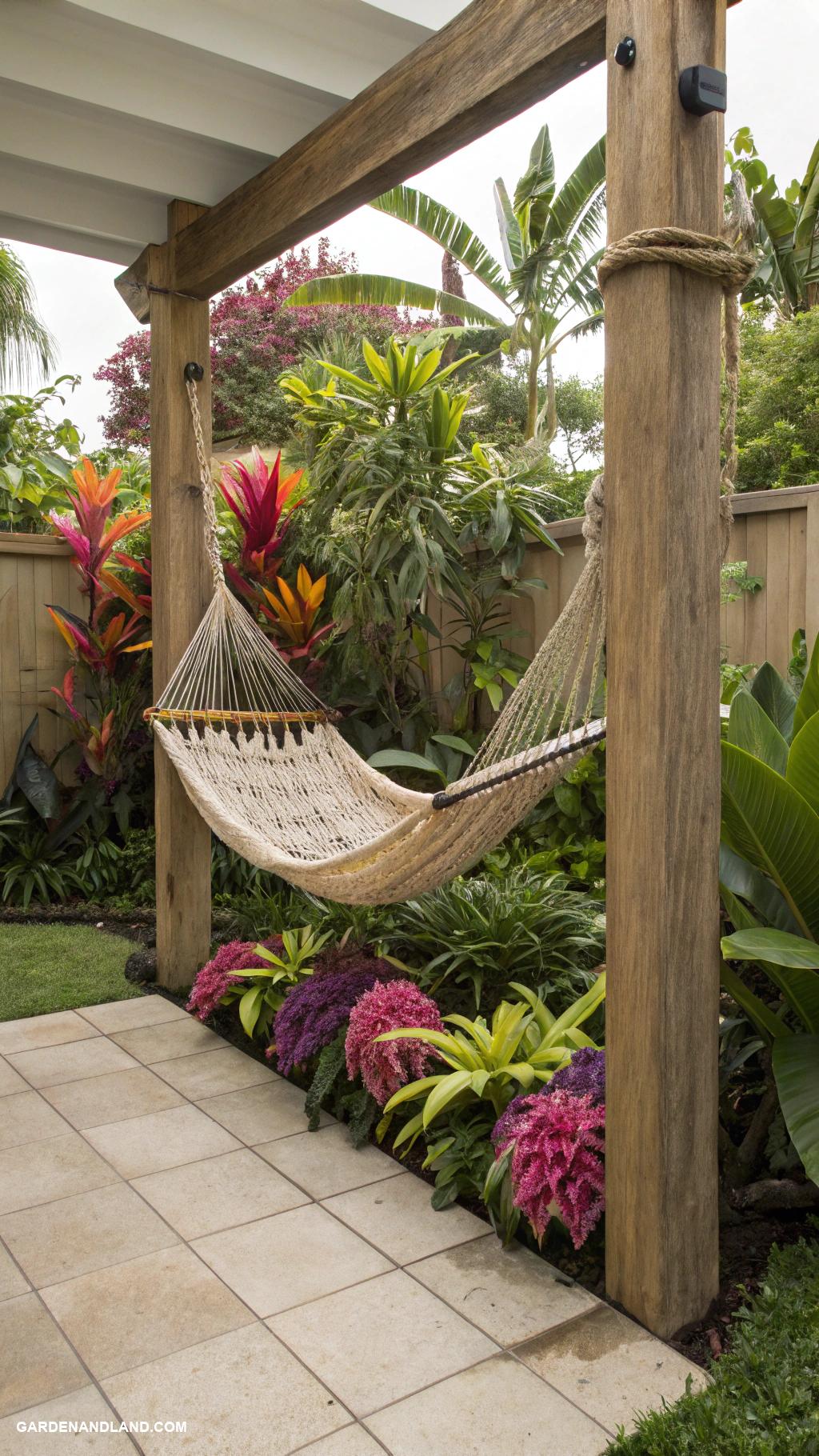 backyard patio designs Hammock lounge with tropical plants backdrop