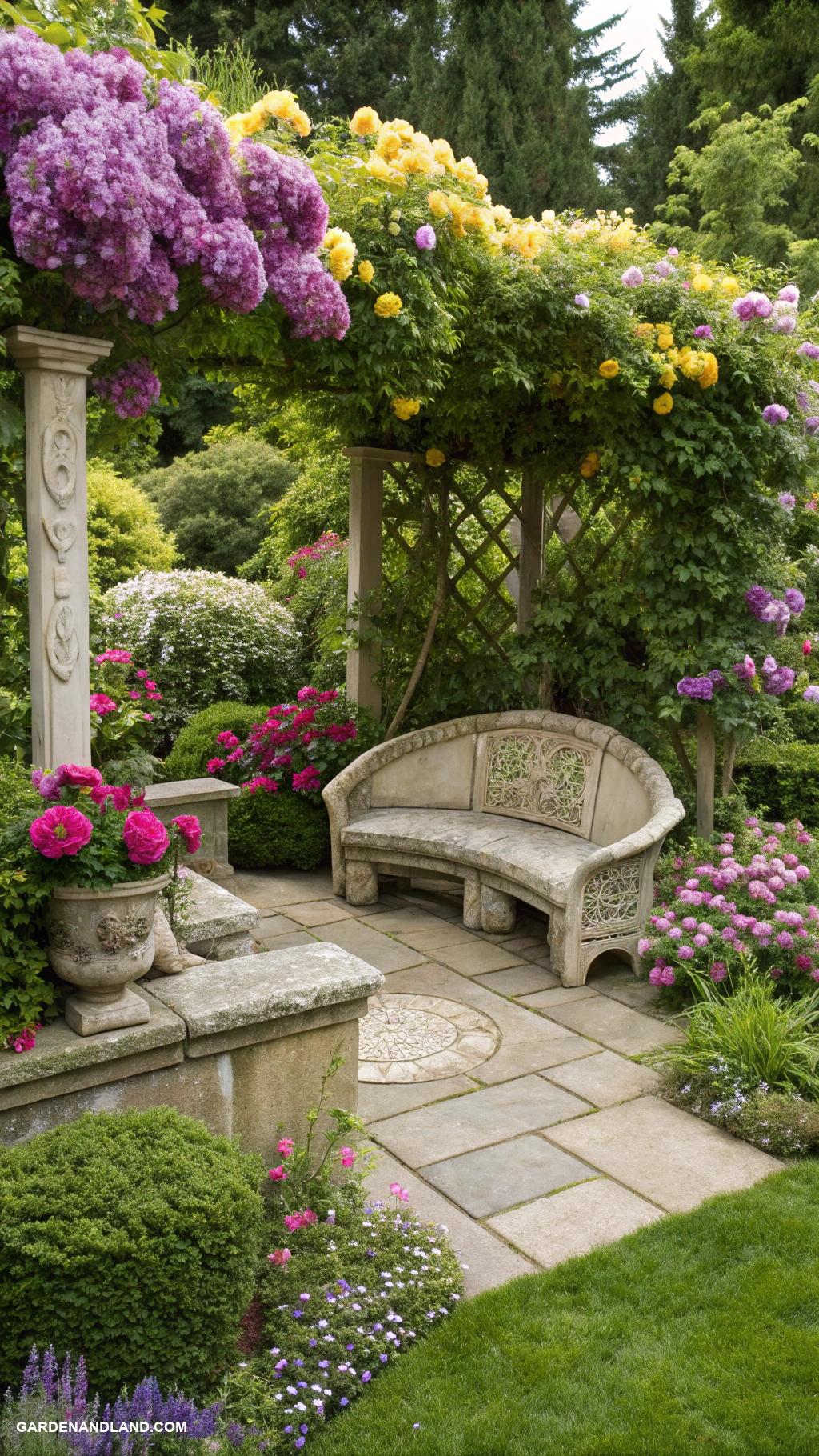 backyard patio designs Lush garden with stone bench seating