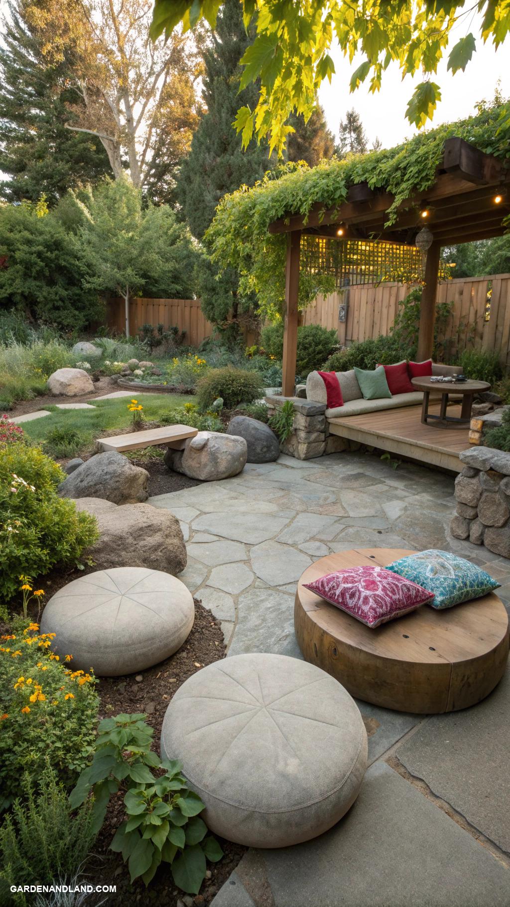 backyard patio designs Natural boulders integrated into seating areas