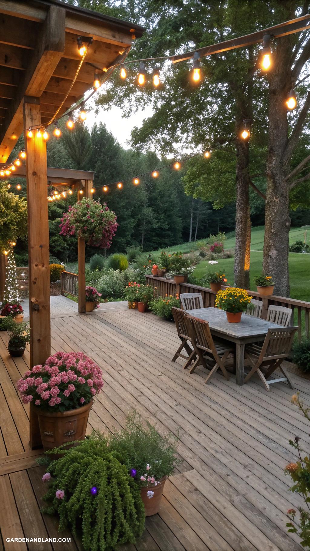 backyard patio designs Rustic wooden deck with hanging lights