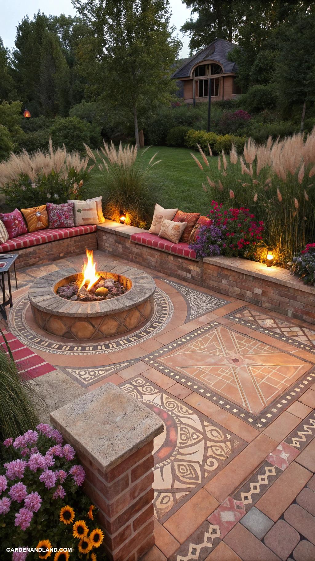 backyard patio designs Tiled patio with sunken fire pit