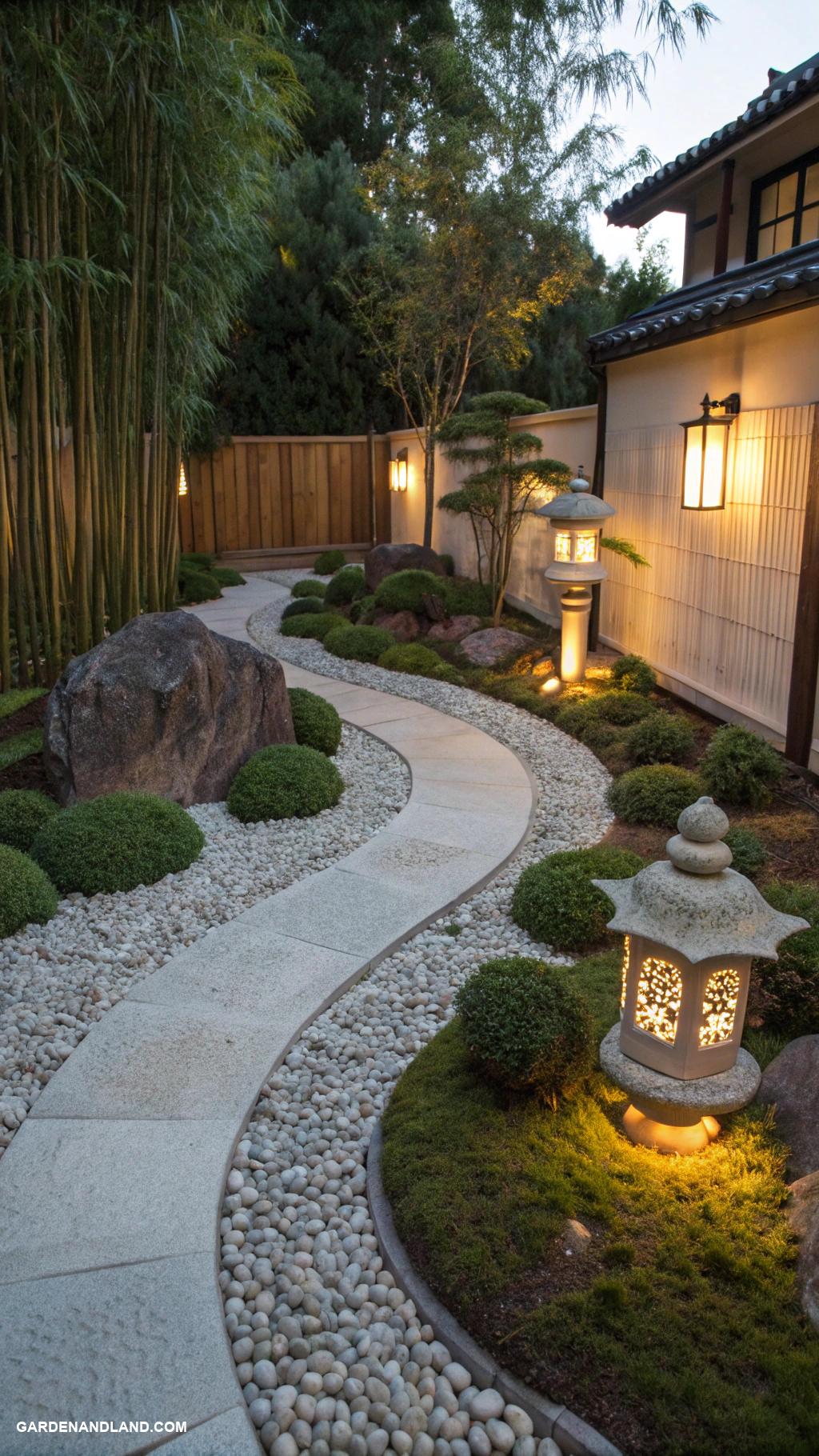 backyard patio designs Zen garden with gravel paths and lanterns