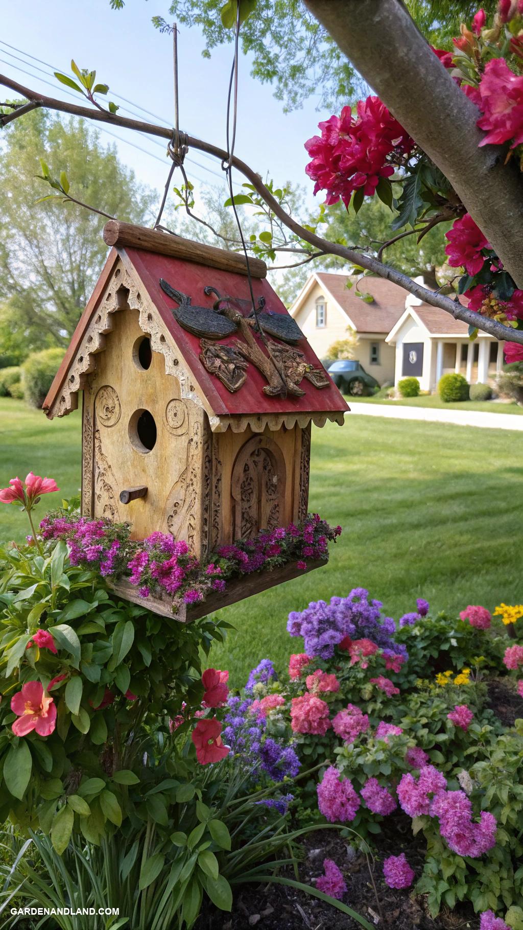easy front yard ideas Charming birdhouse near blooming shrubs