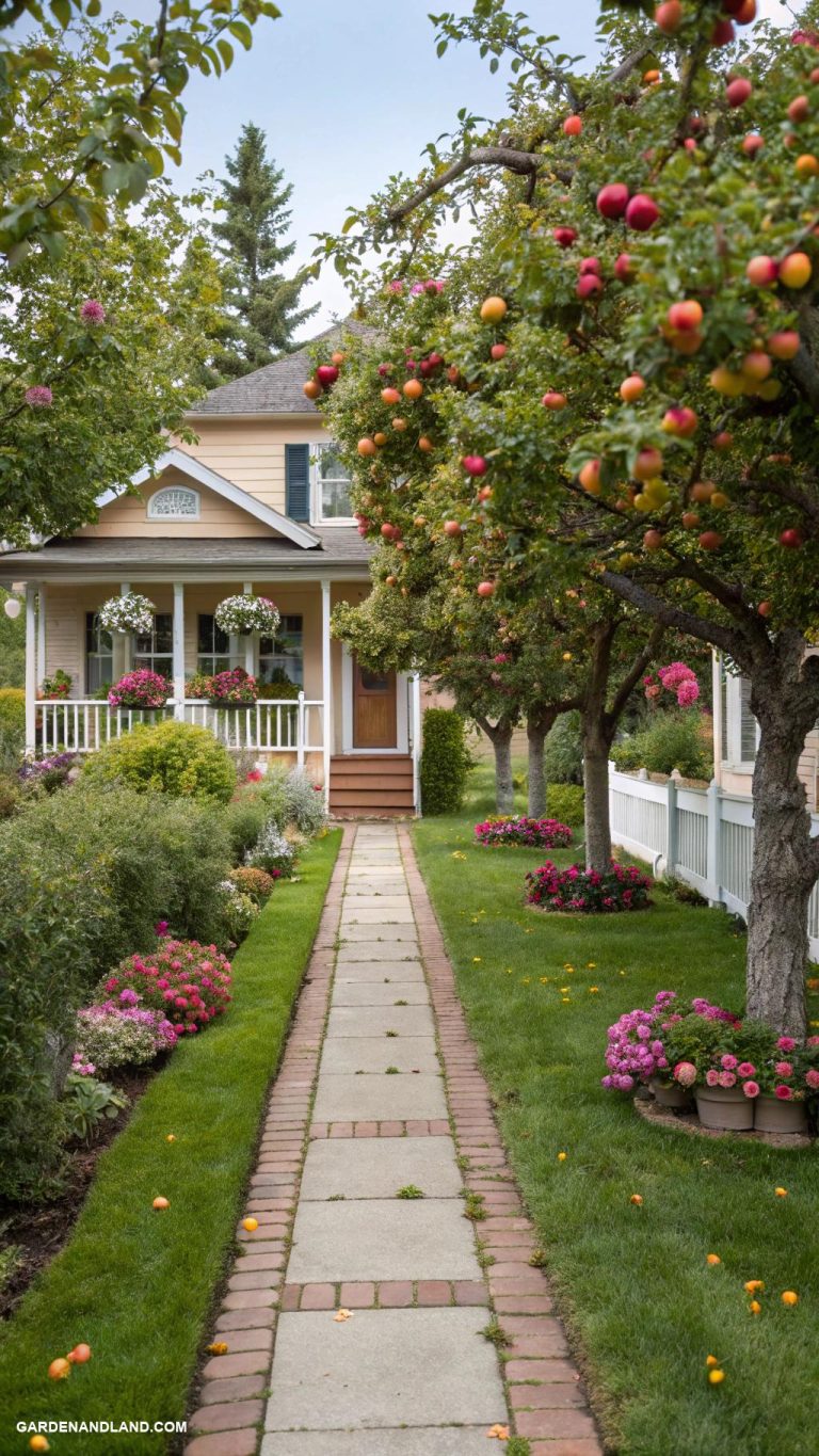 easy front yard ideas Fruit trees lining the front walkway