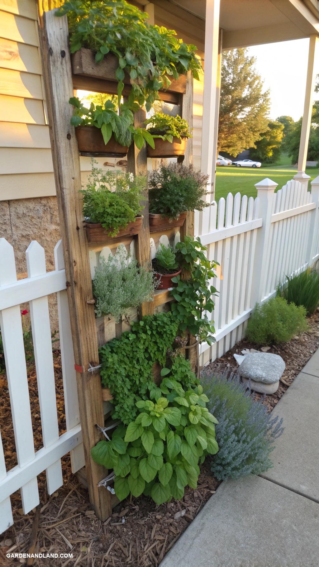 easy front yard ideas Vertical herbs garden on wooden trellis