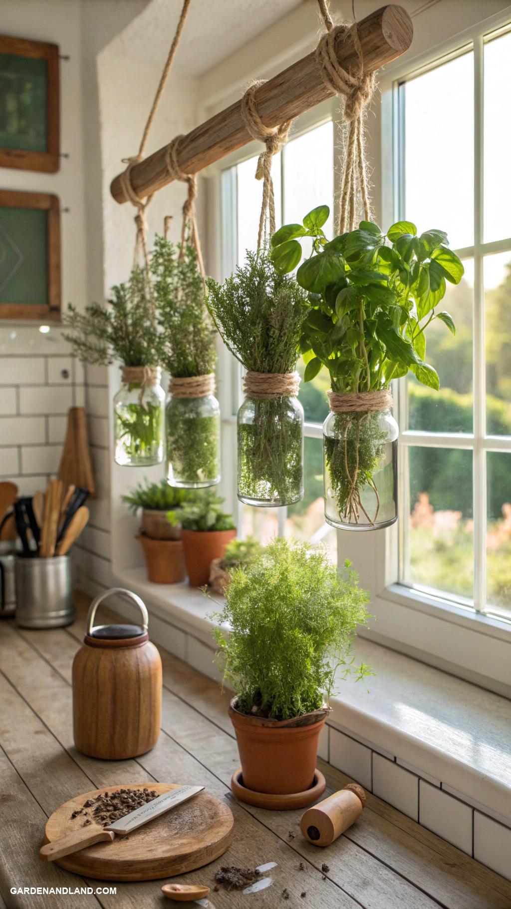 easy garden ideas Hanging herbs in mason jars