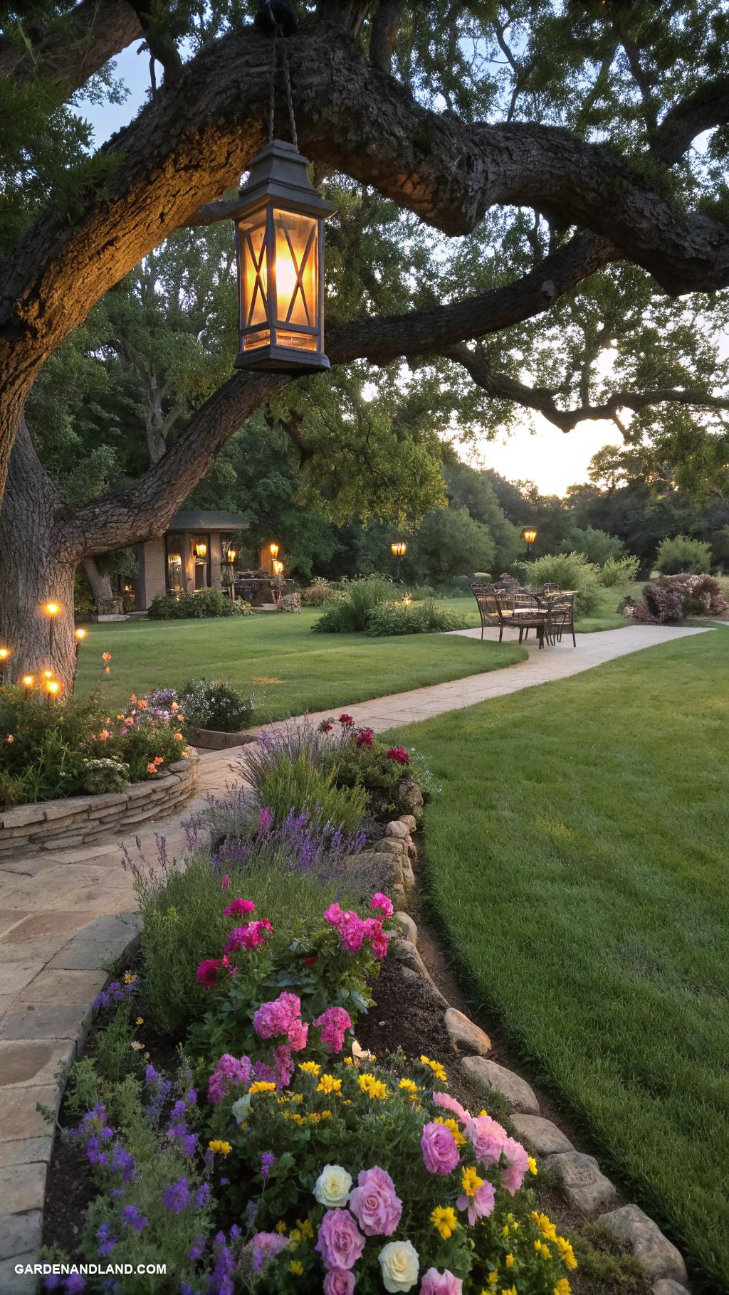 easy landscaping ideas Hanging lanterns in trees for ambiance