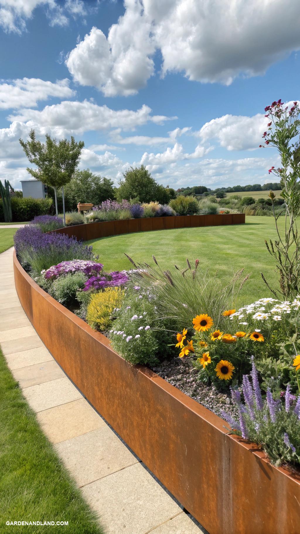 garden edging ideas Corten steel for industrial appeal