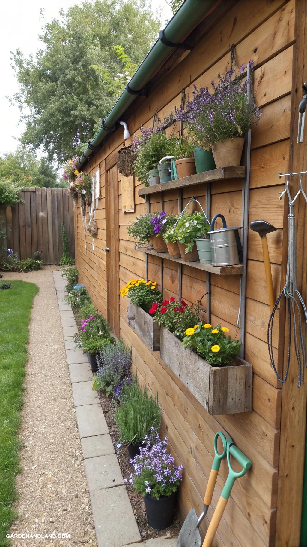 garden storage ideas Install wall mounted planters for tools