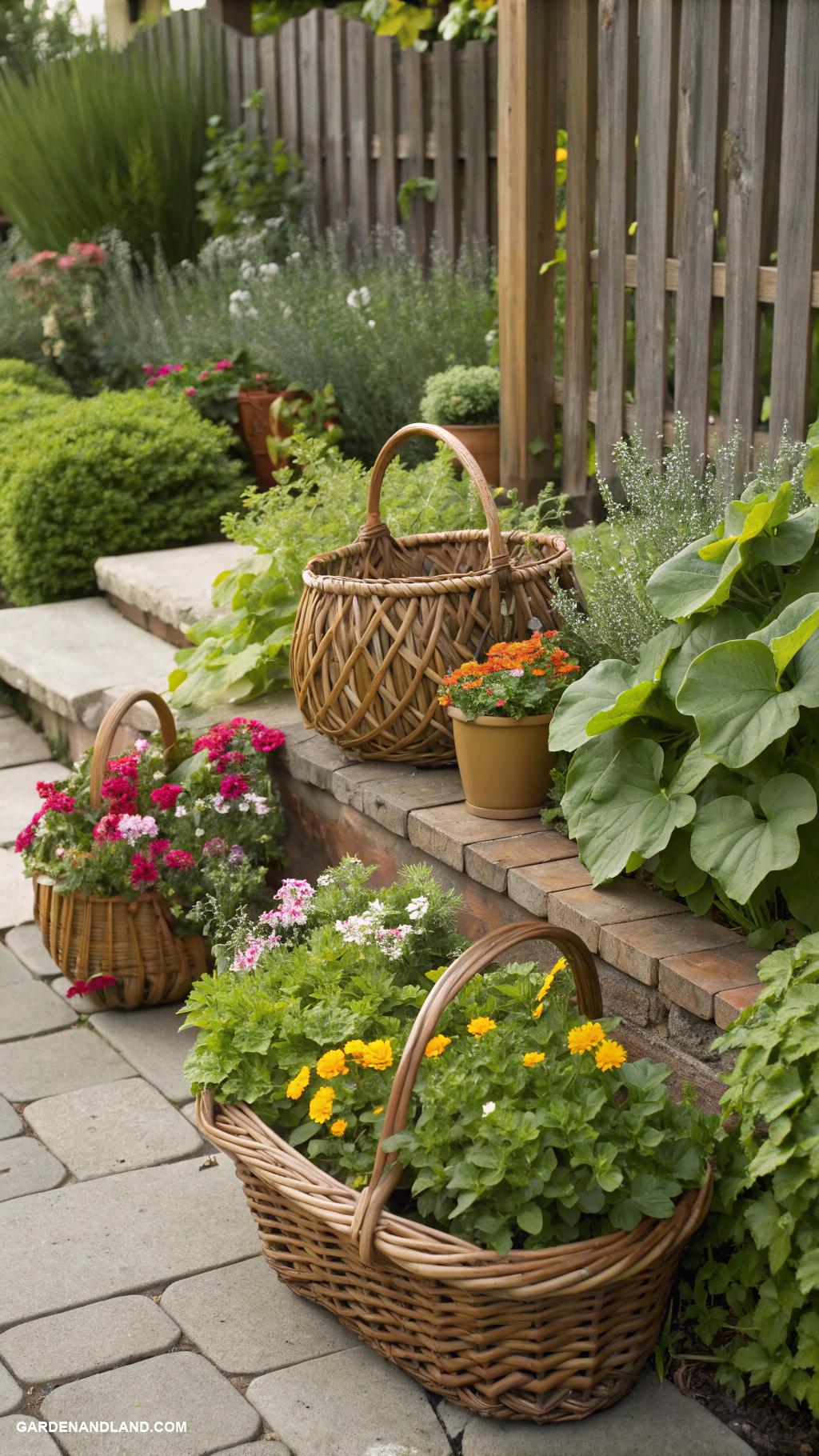 garden storage ideas Use decorative baskets near plant beds