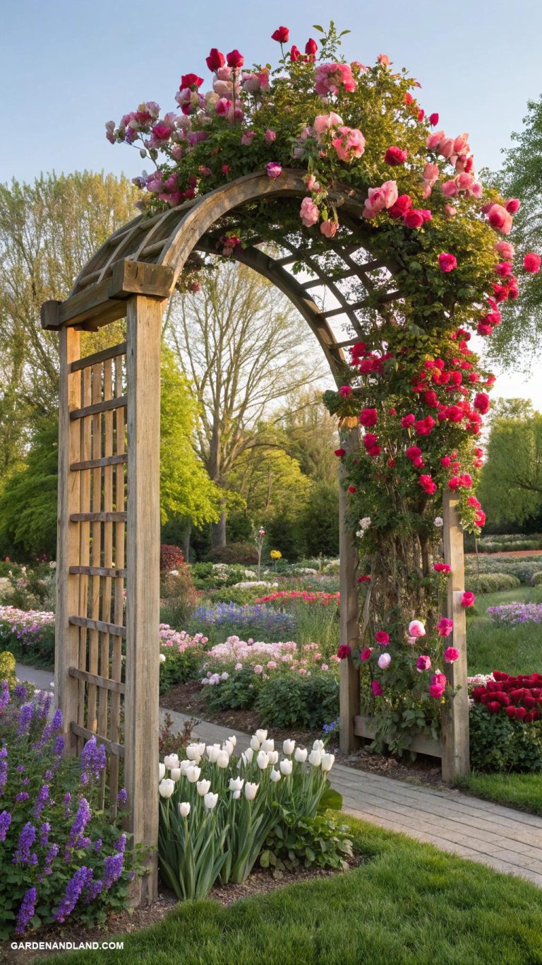 garden trellis ideas Arched wooden trellis for climbing roses