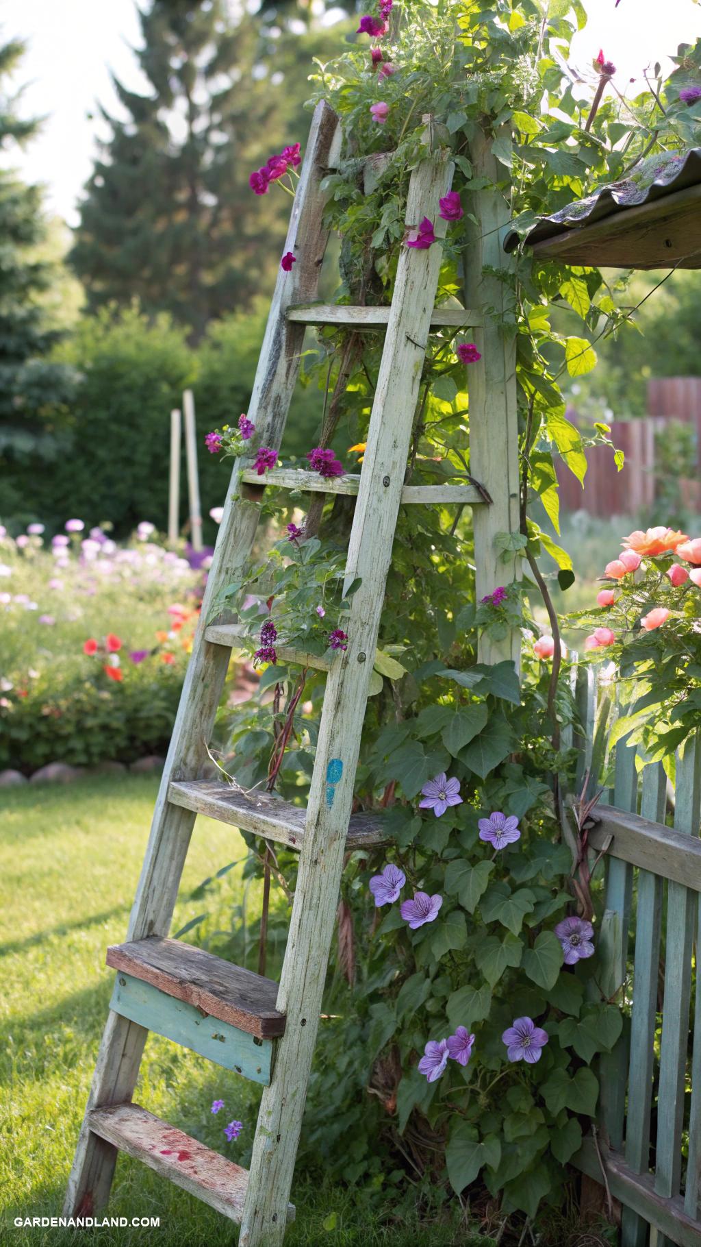 garden trellis ideas Repurposed ladder as a vintage trellis