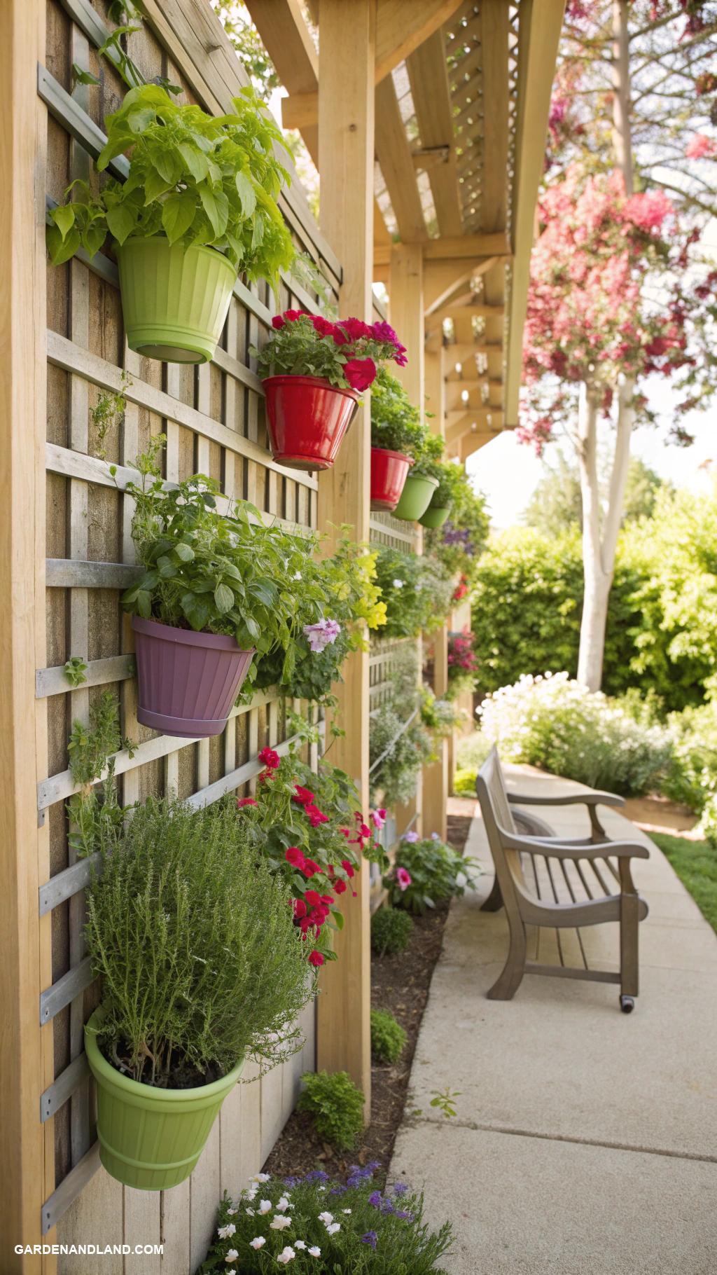 garden trellis ideas Trellis wall with hanging herb pots