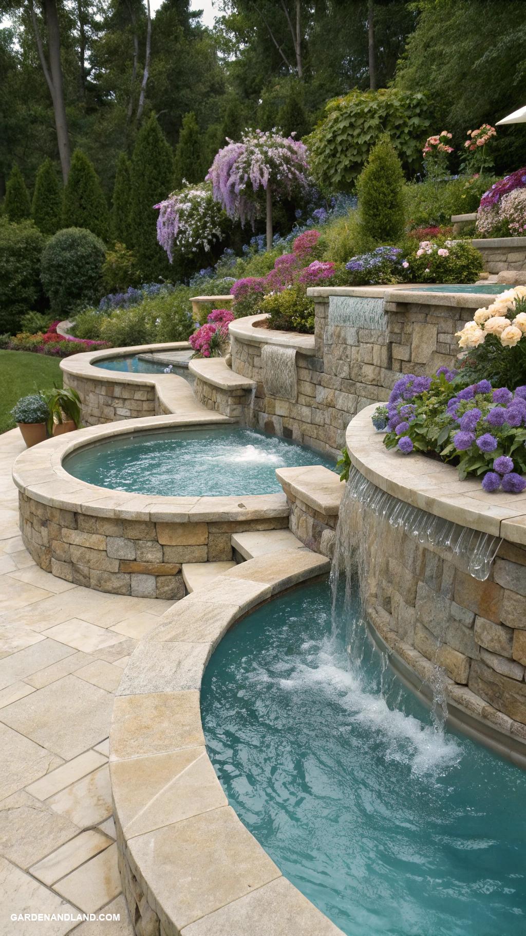 modern pool designs Cascading tiered pools with stone features