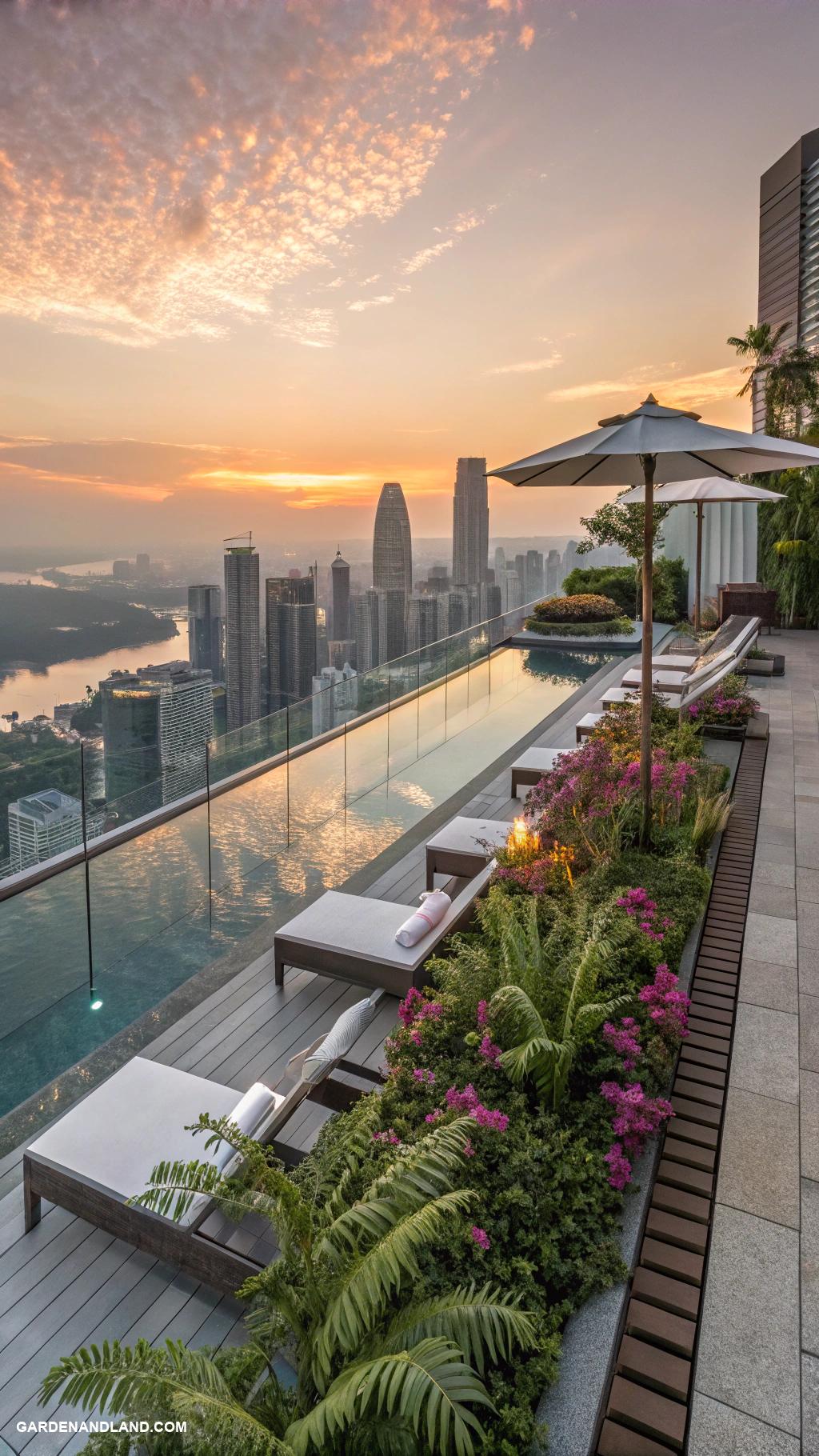 modern pool designs Rooftop pool with skyline views