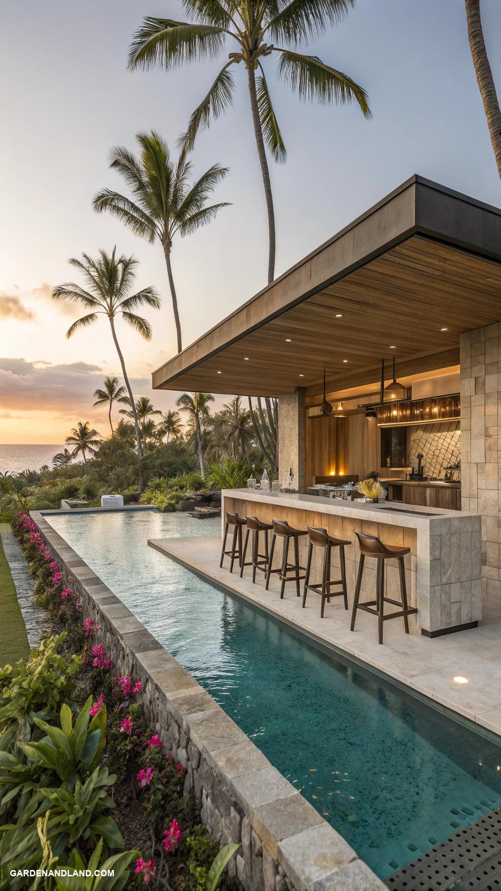 modern pool designs Swim up bar in tropical landscape