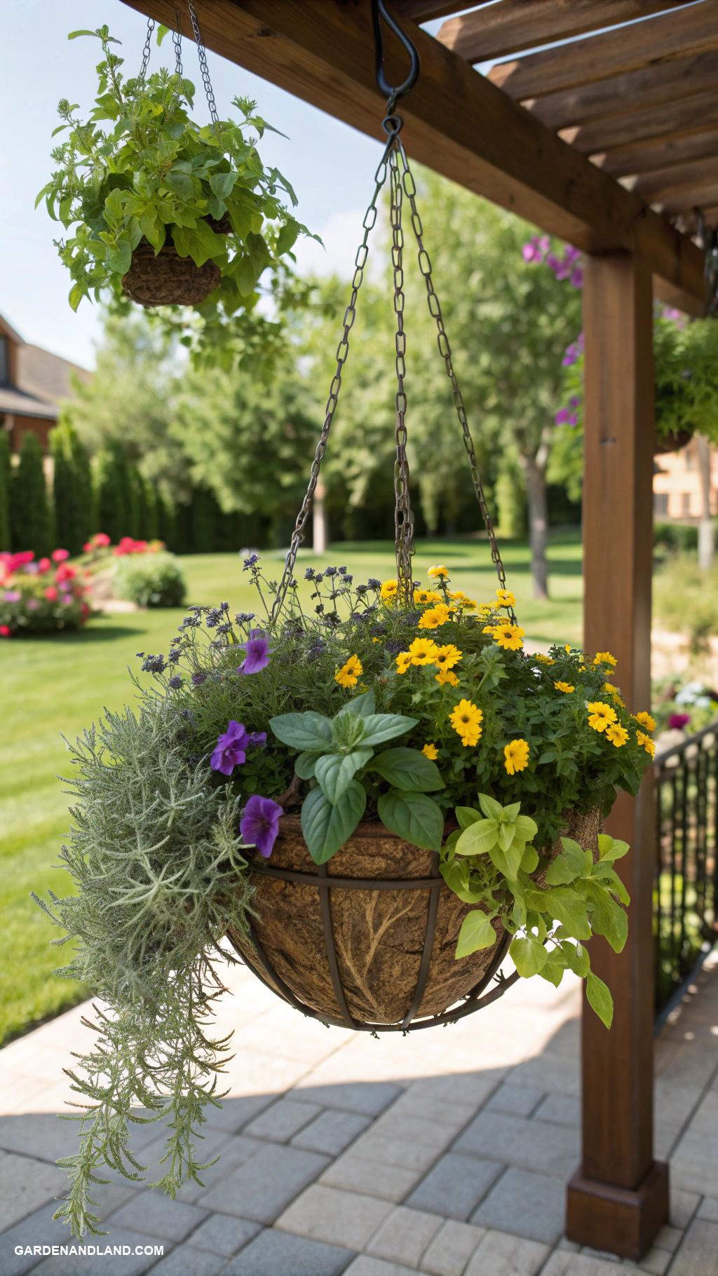side yard ideas Hanging planters with herbs and flowers