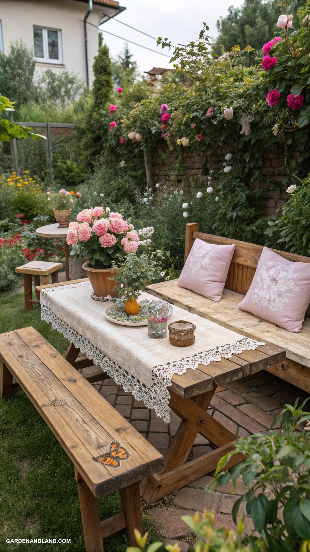 side yard ideas Rustic wooden benches and tables