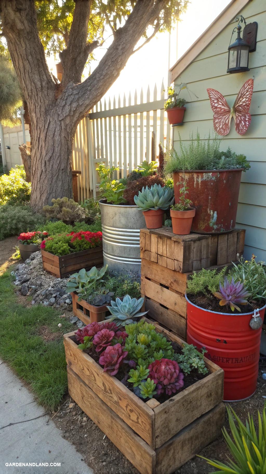 side yard ideas Succulent garden in repurposed containers