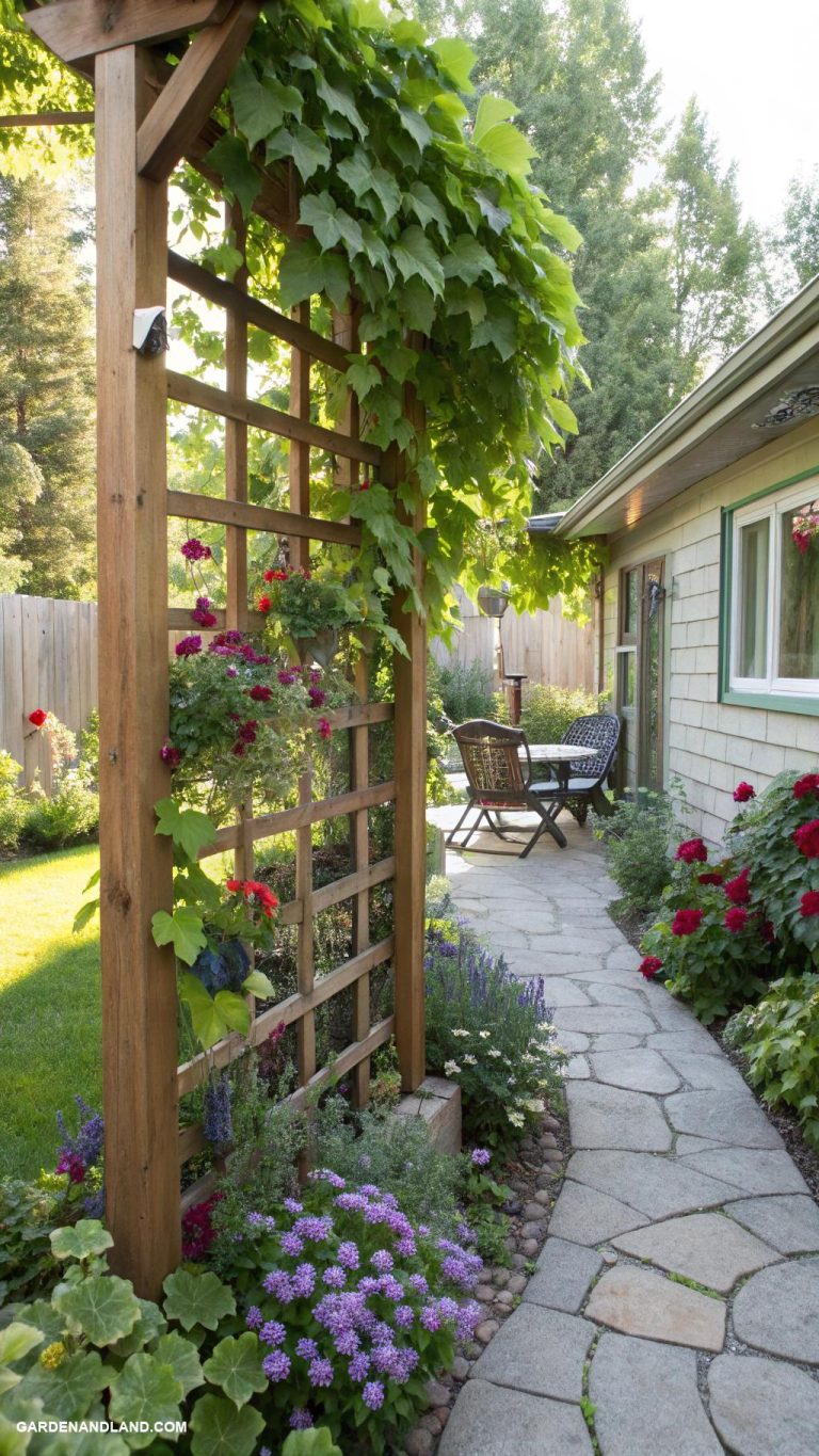 side yard ideas Vertical garden on a wooden trellis