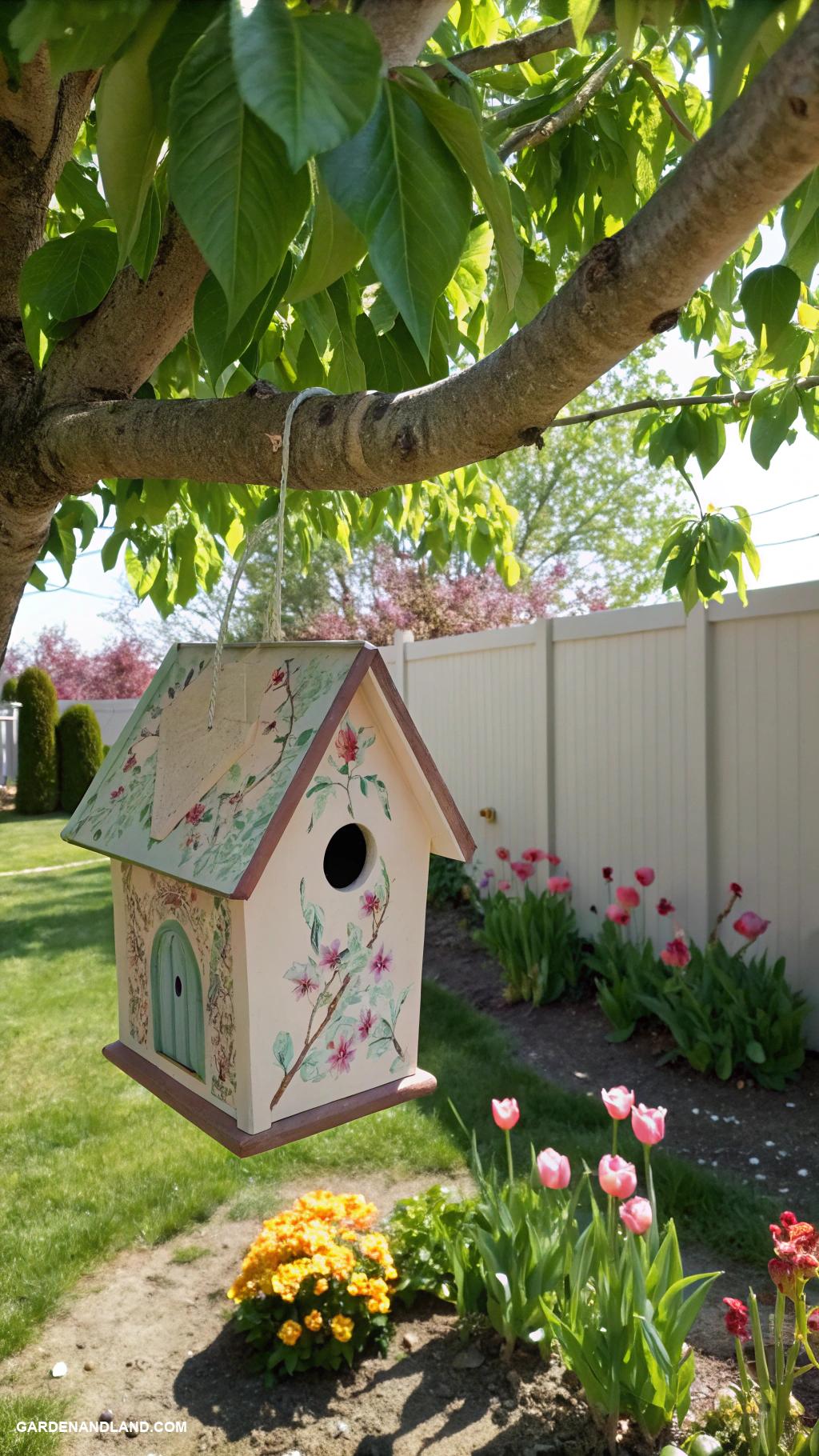 simple backyard ideas Decorative birdhouses hanging in trees
