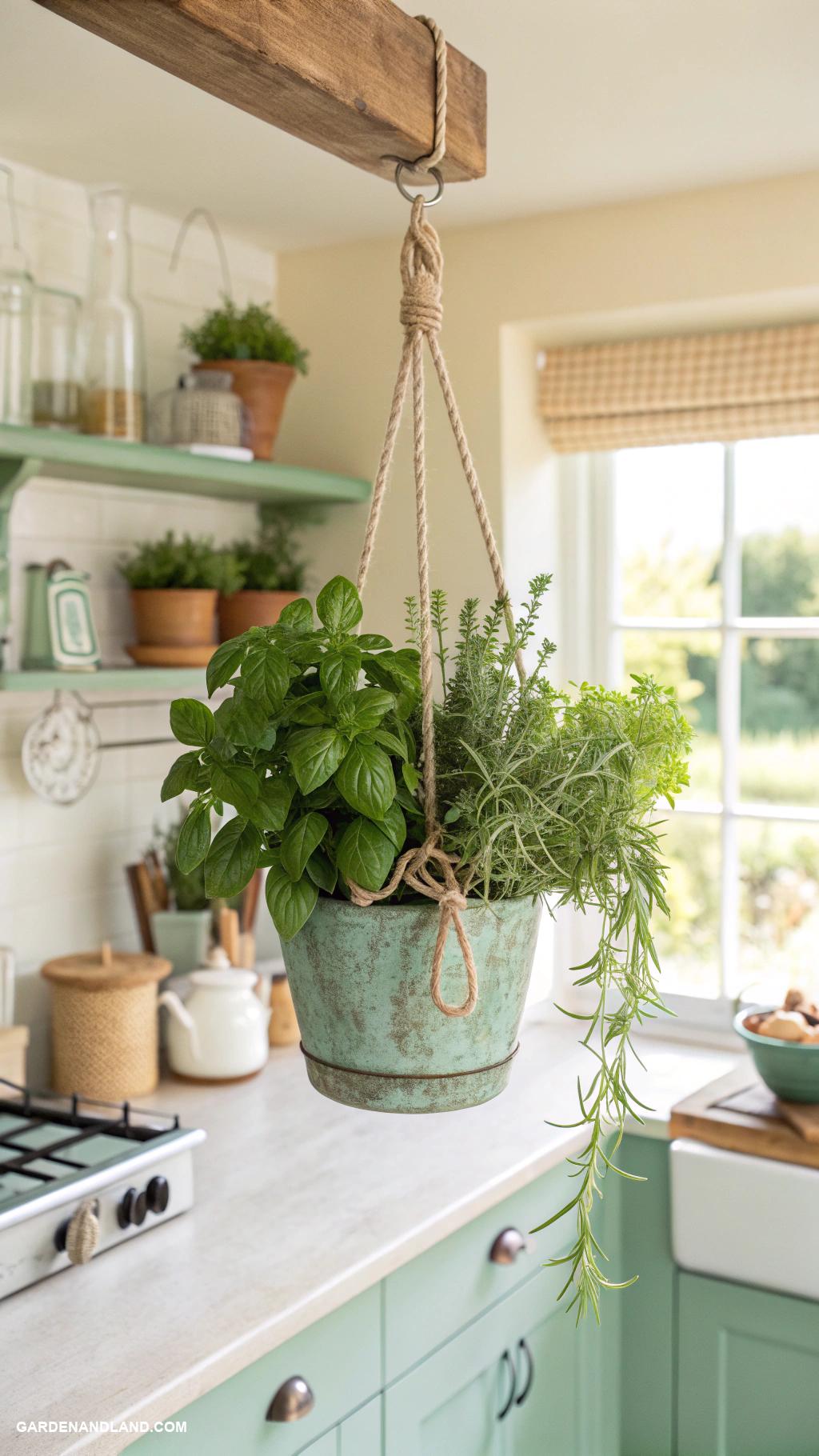 simple backyard ideas Hanging planters with herbs above kitchen