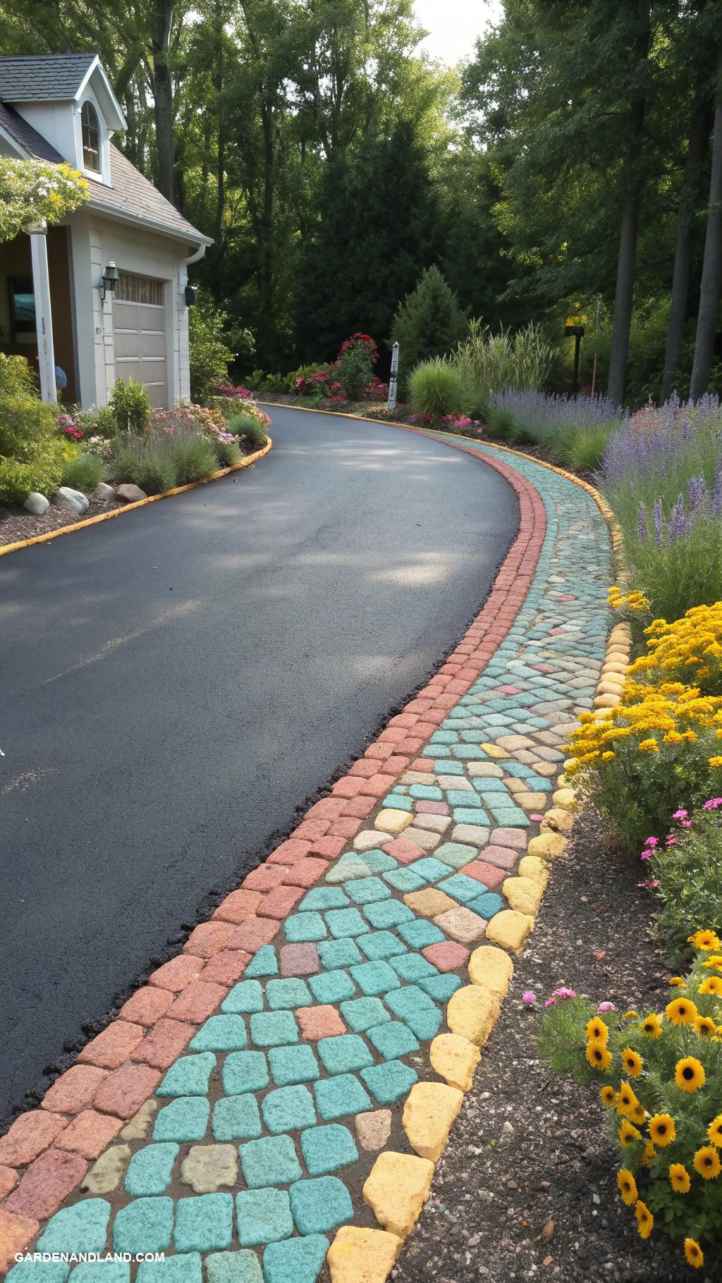 asphalt driveway ideas Colorful cobblestone border around asphalt