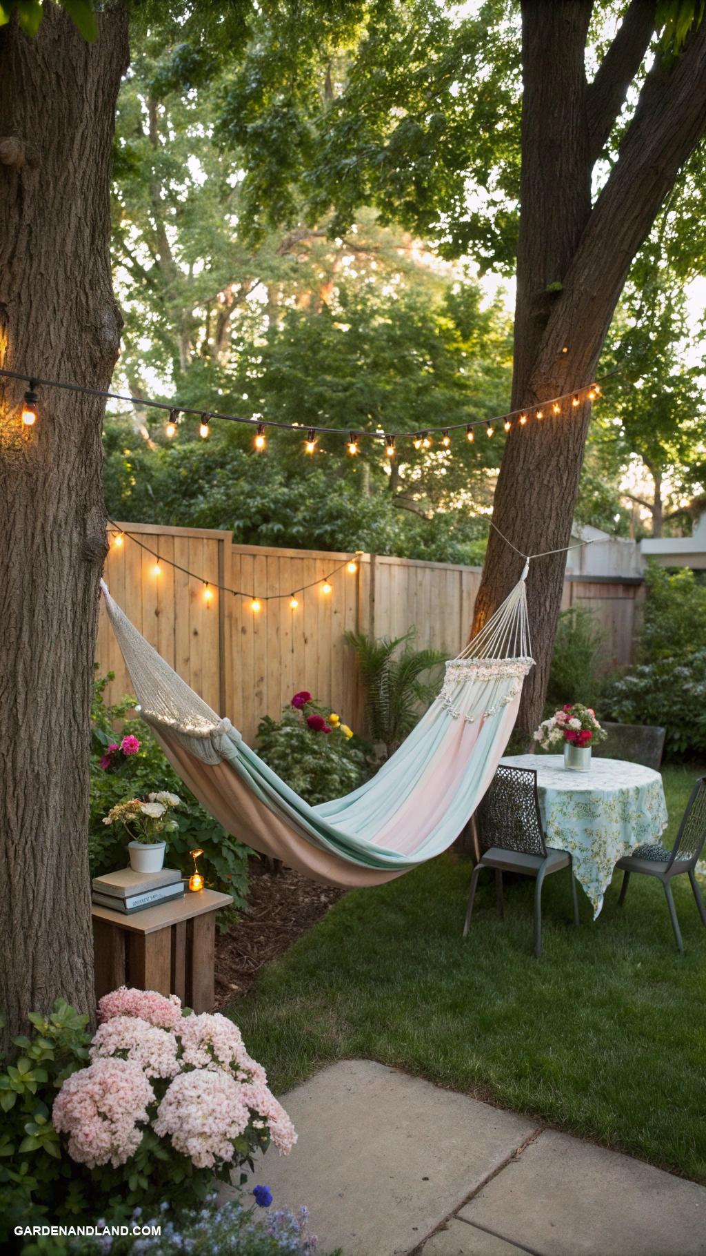 back patio ideas on a budget Hammock installation between trees for relaxation