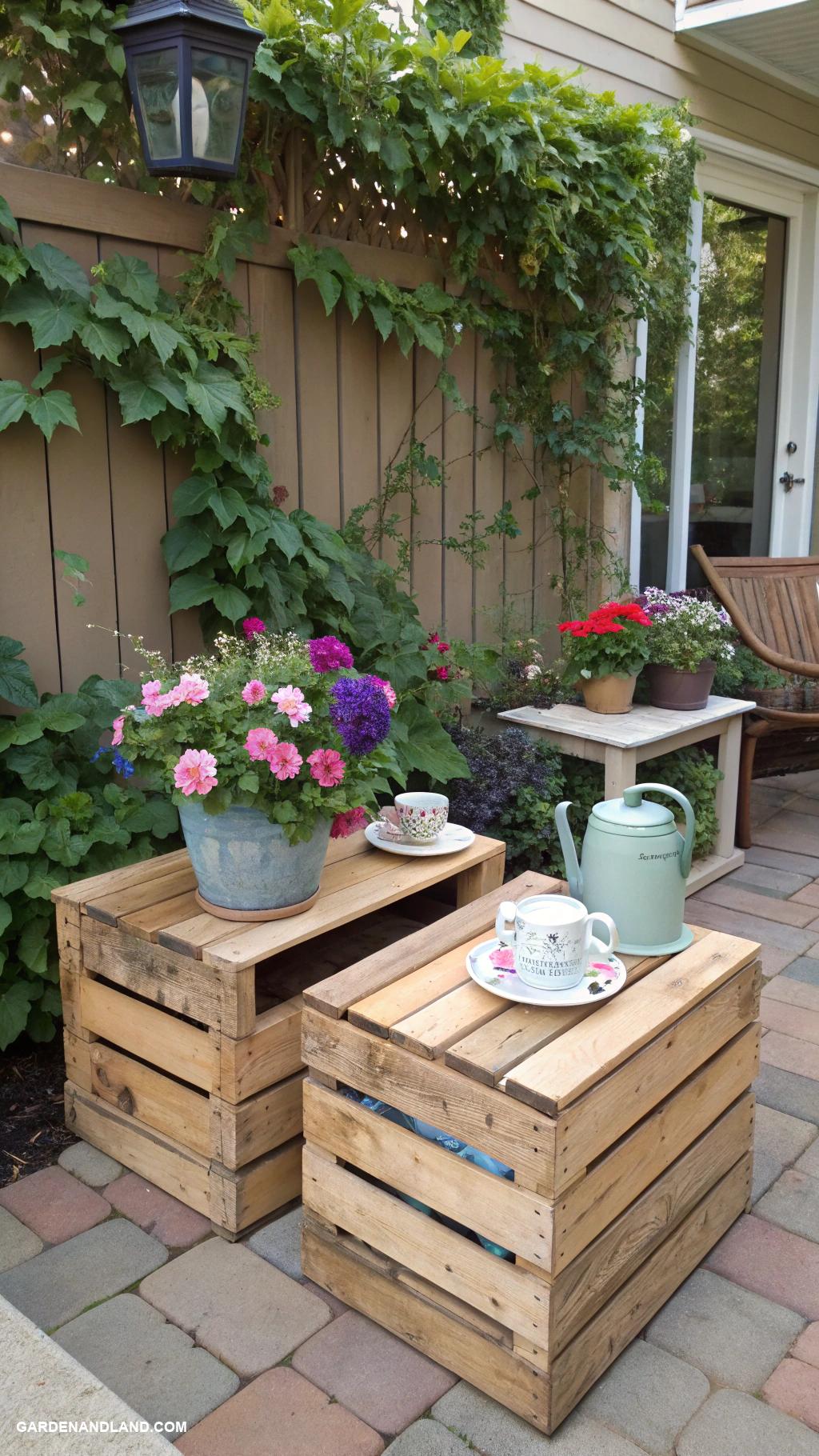 back patio ideas on a budget Repurposed wood crates as garden tables