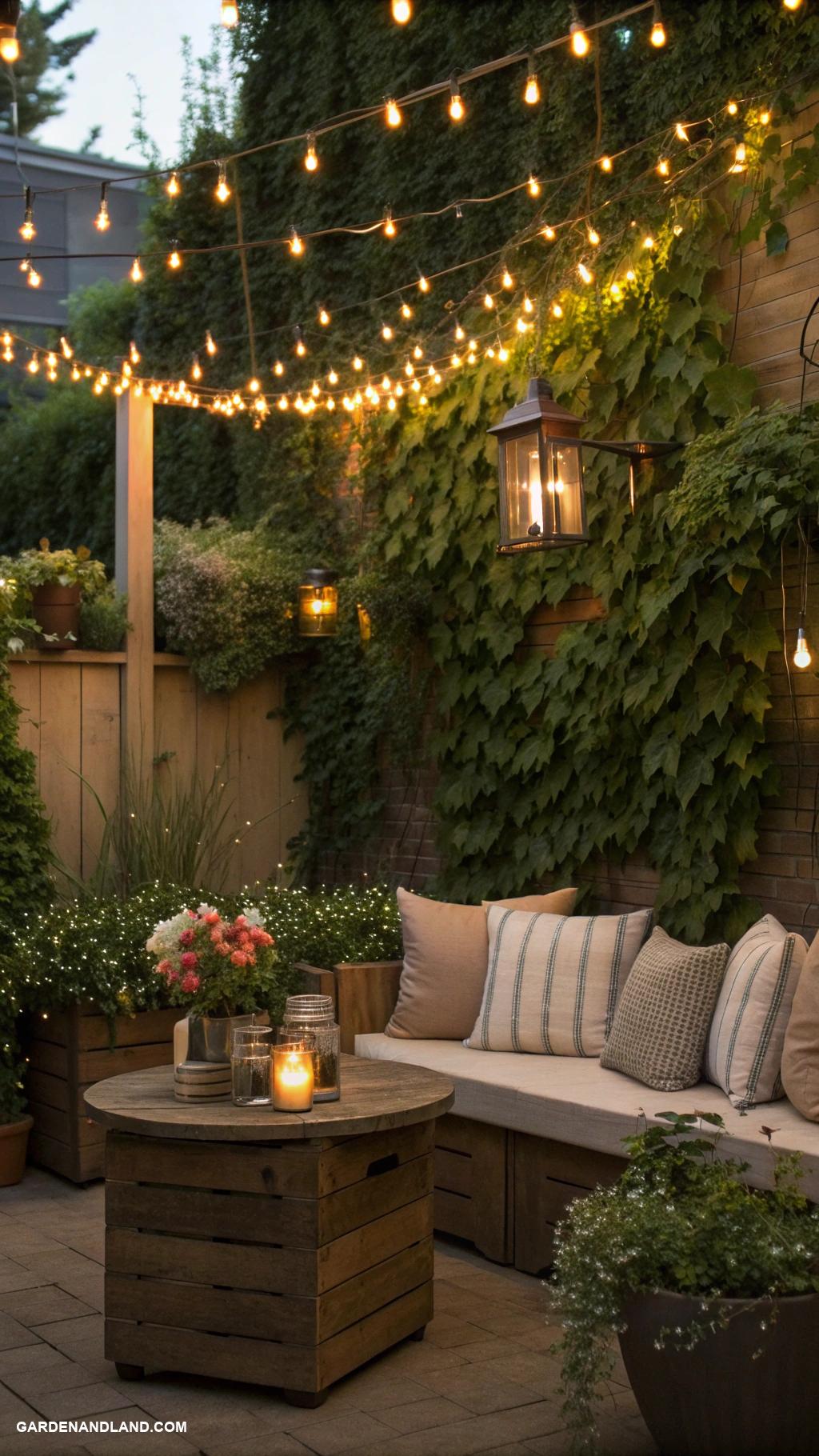 back patio ideas on a budget String lights for magical evening ambiance