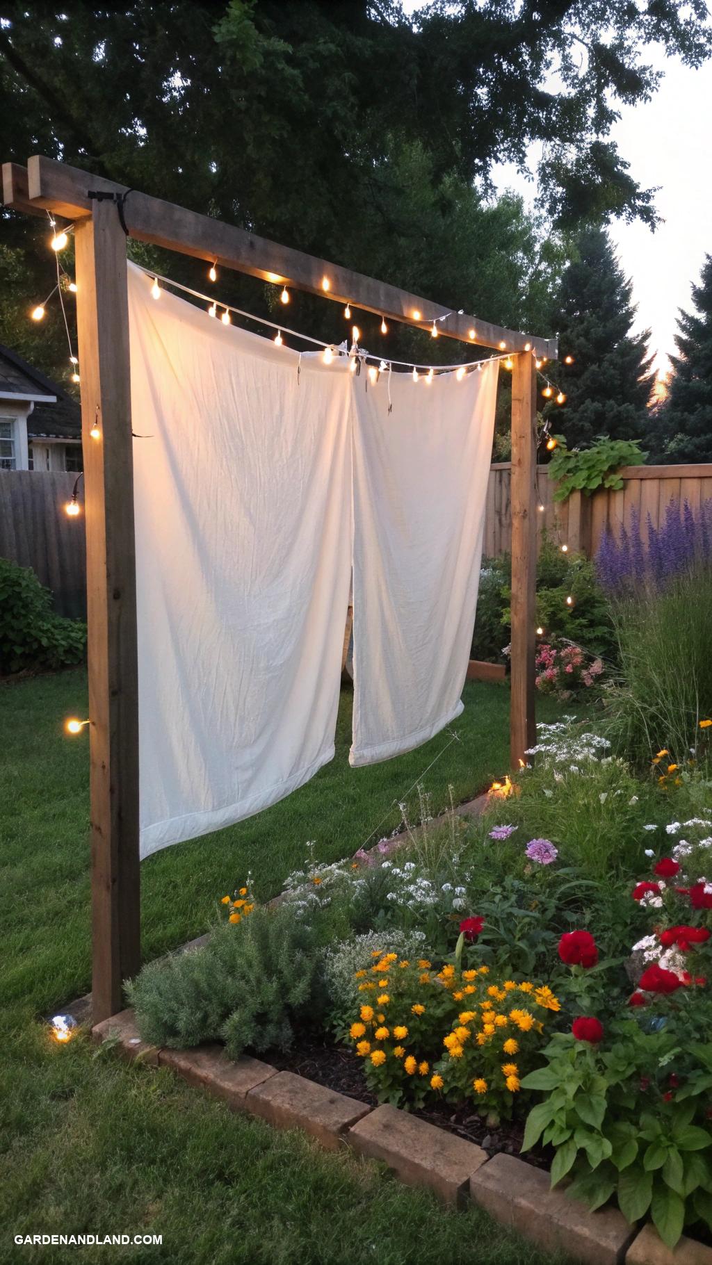 backyard movie night ideas DIY projector screen with white sheets