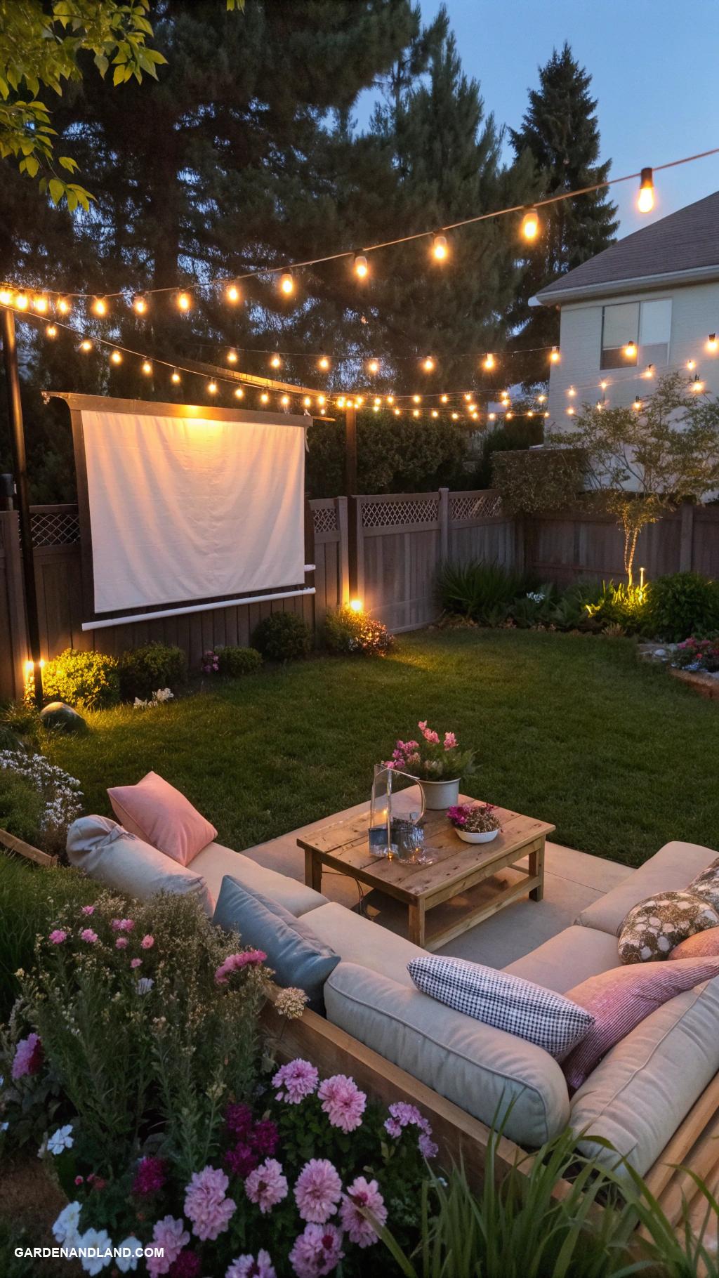 backyard movie night ideas String lights for cozy ambiance