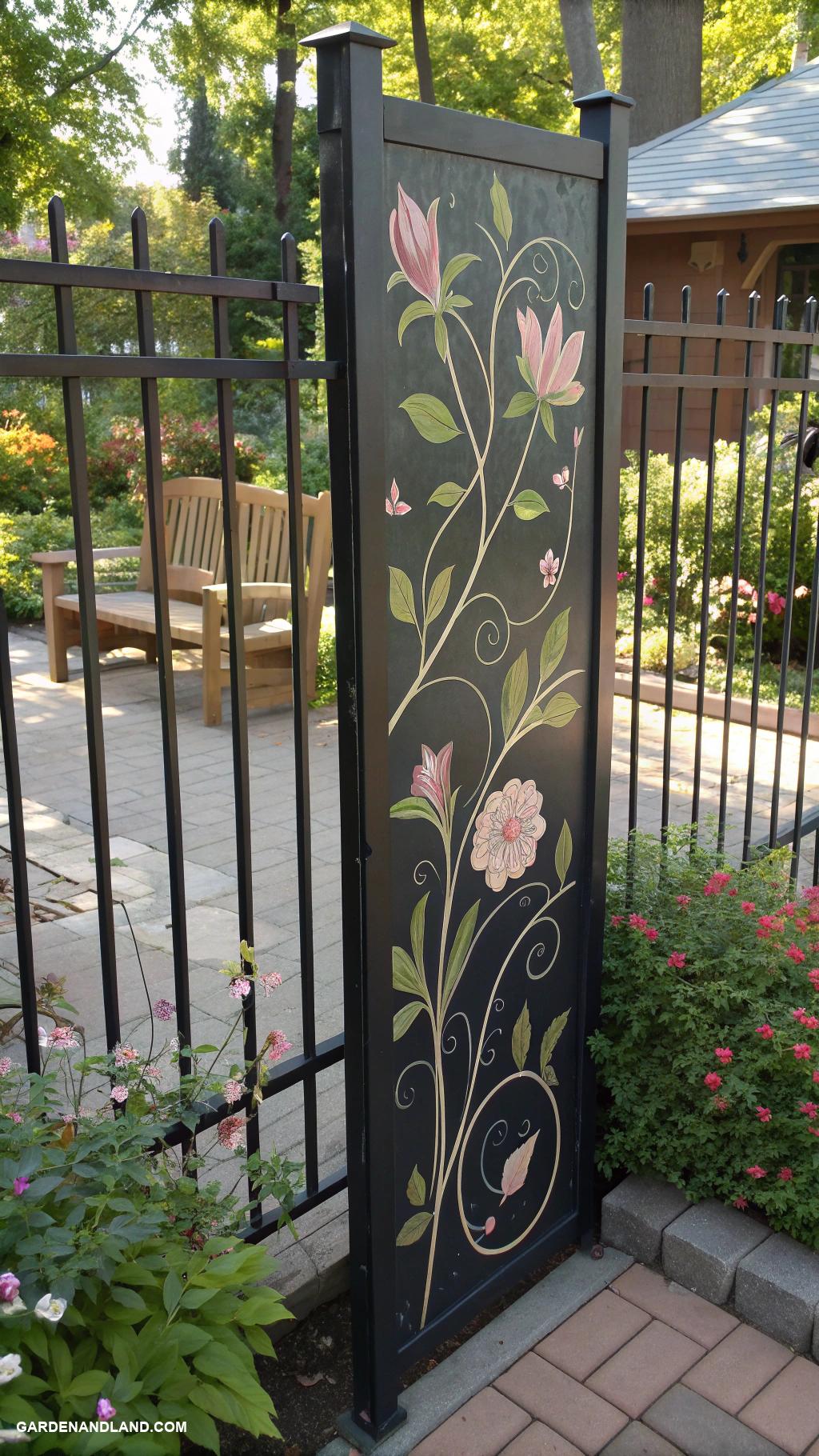 black metal fence ideas Stenciled art on black metal slats