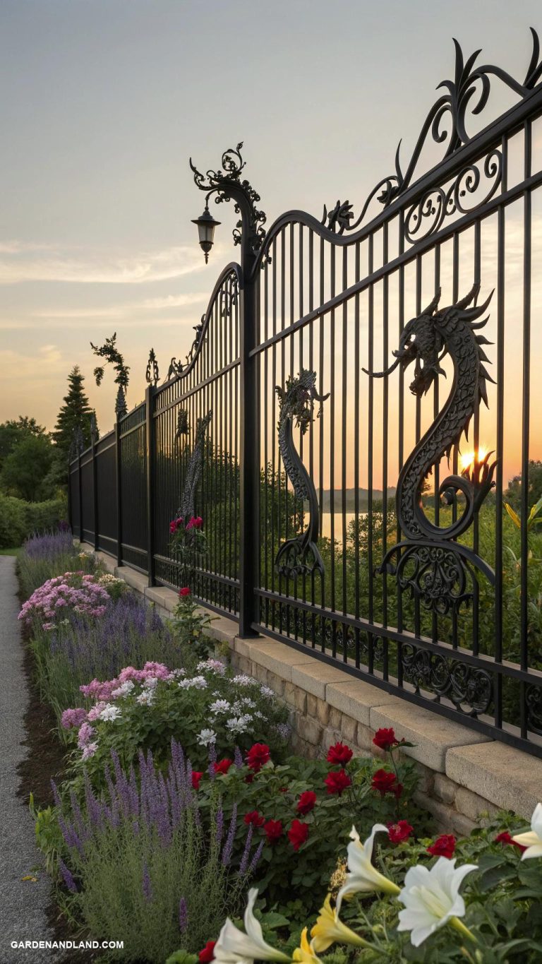 black metal fence ideas Tall fences with dramatic dragon motifs