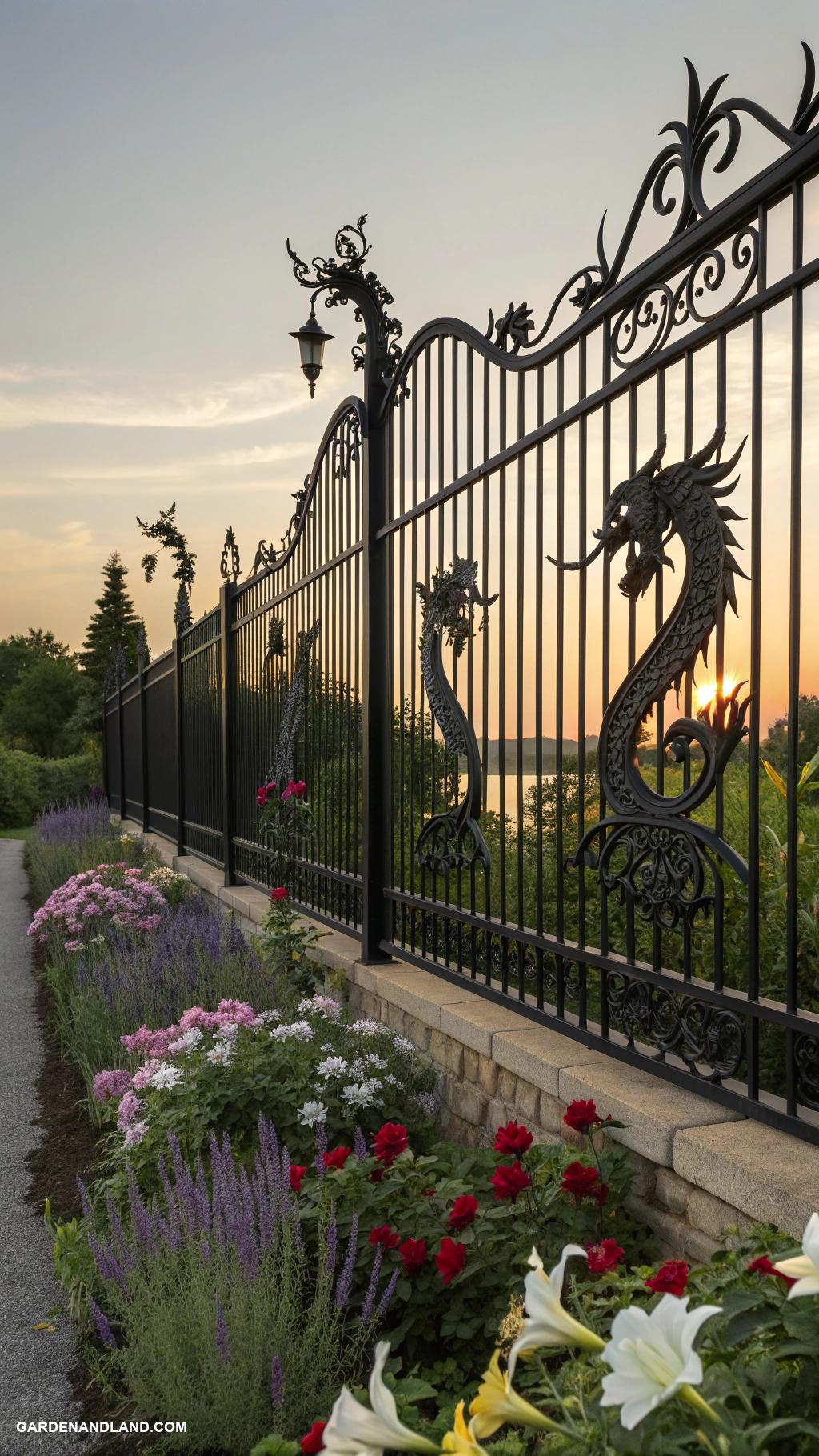 black metal fence ideas Tall fences with dramatic dragon motifs