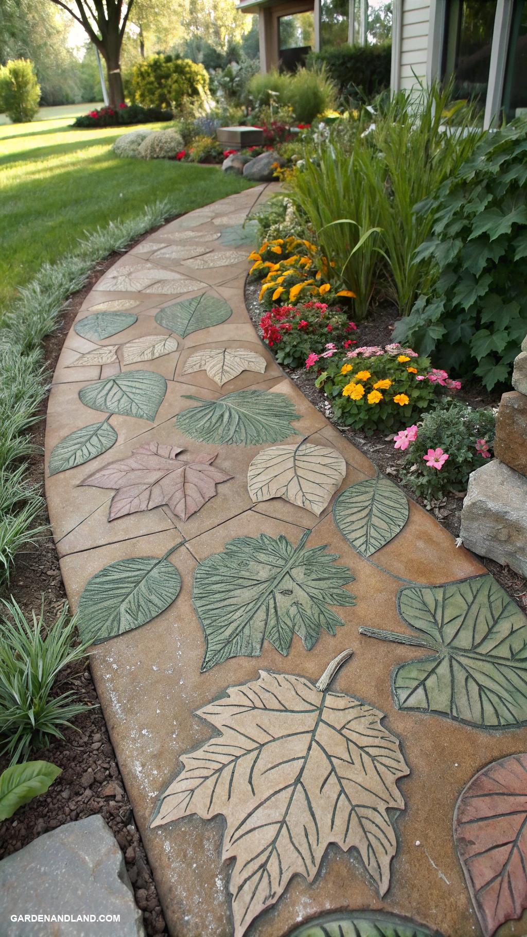 cheap walkway ideas diy Concrete leaves stamped for natural effect