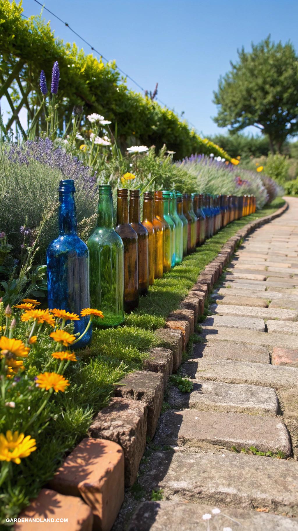 cheap walkway ideas diy Glass bottle edges for a colorful border