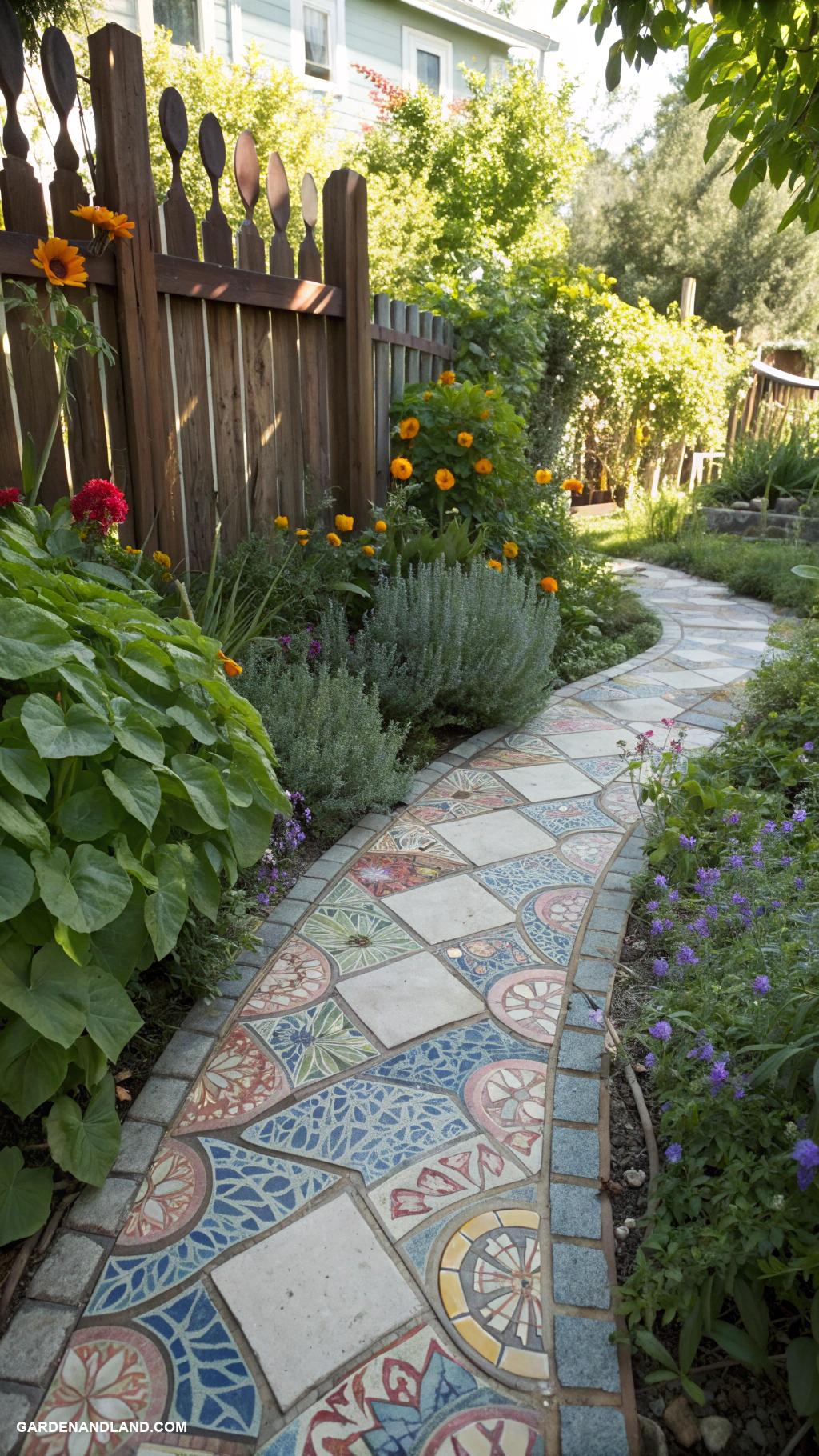 cheap walkway ideas diy Mosaic tile path using broken ceramics