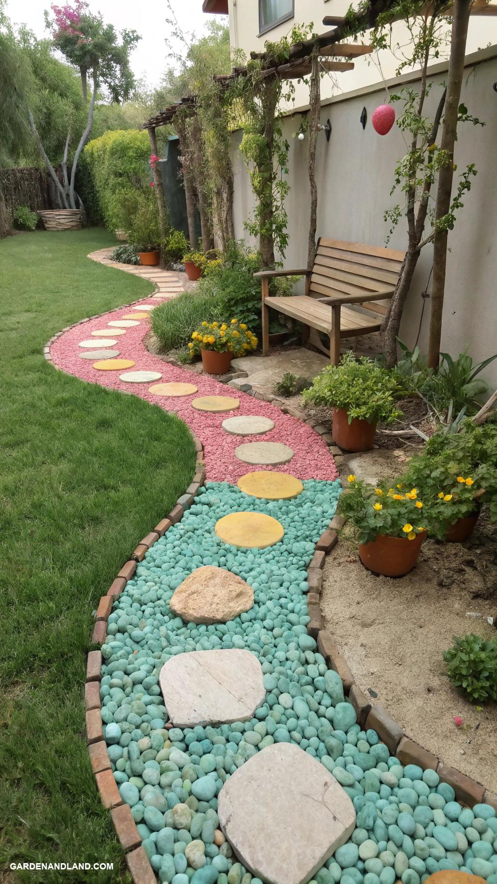 cheap walkway ideas diy Stepping stones surrounded by colorful pebbles