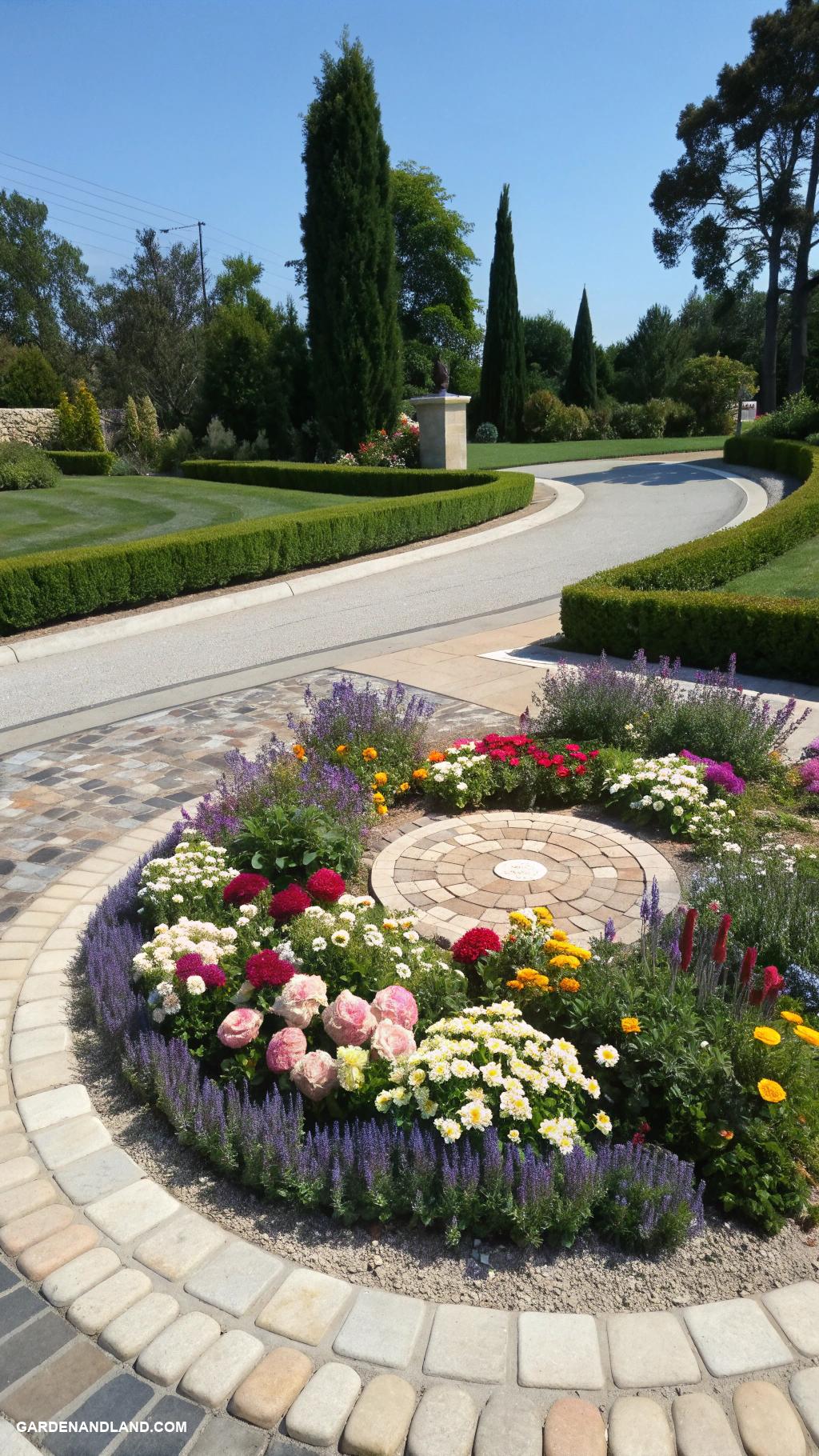 circular driveway ideas Floral center with surrounding stones