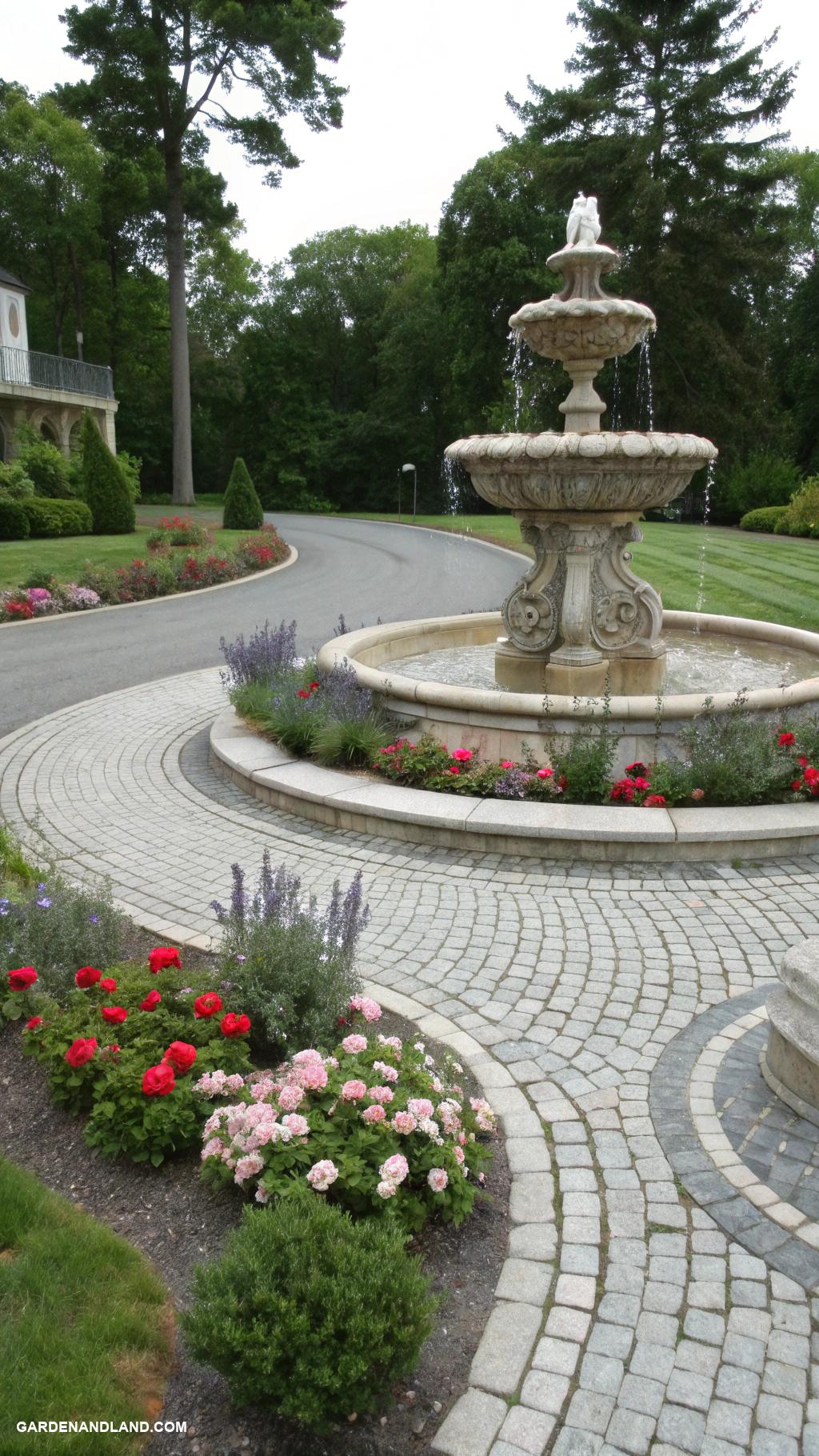 circular driveway ideas Mini fountain at the center