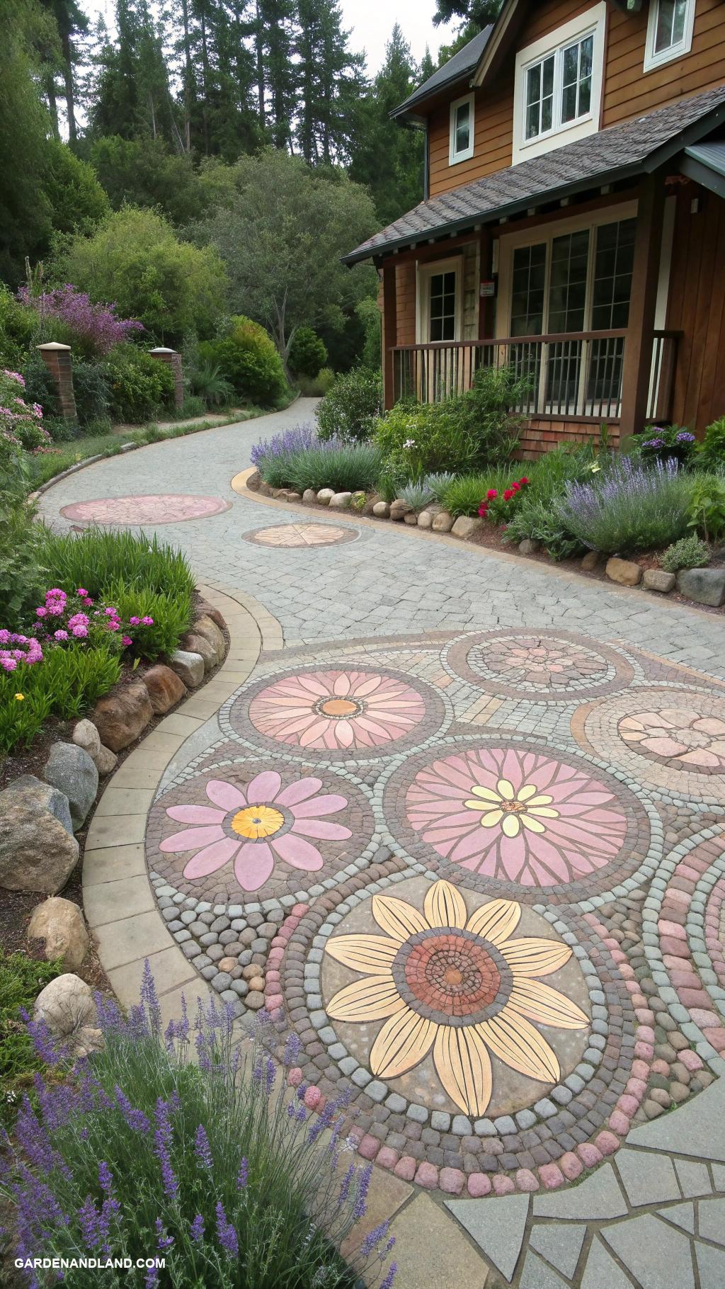 circular driveway ideas Pebble mosaic pattern in driveway