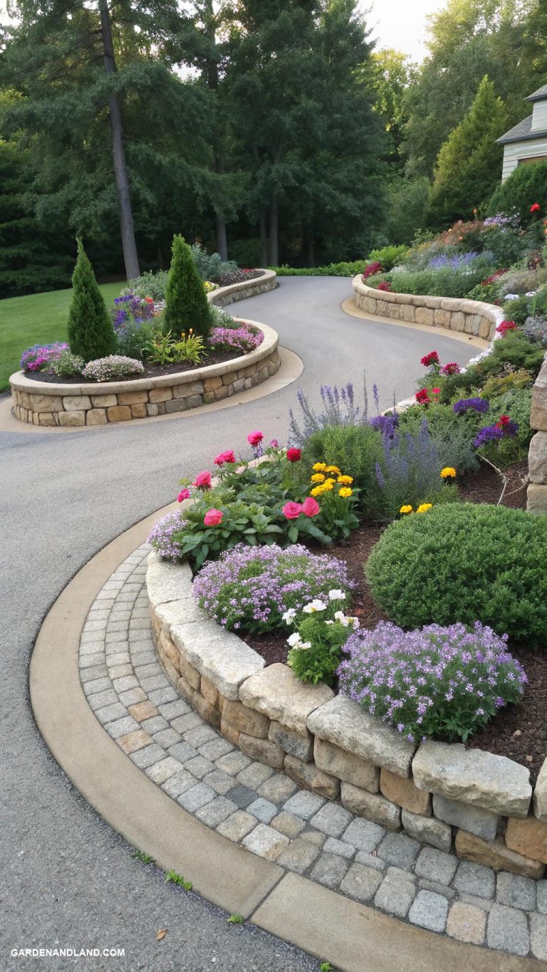 circular driveway ideas Raised flower beds around the circle