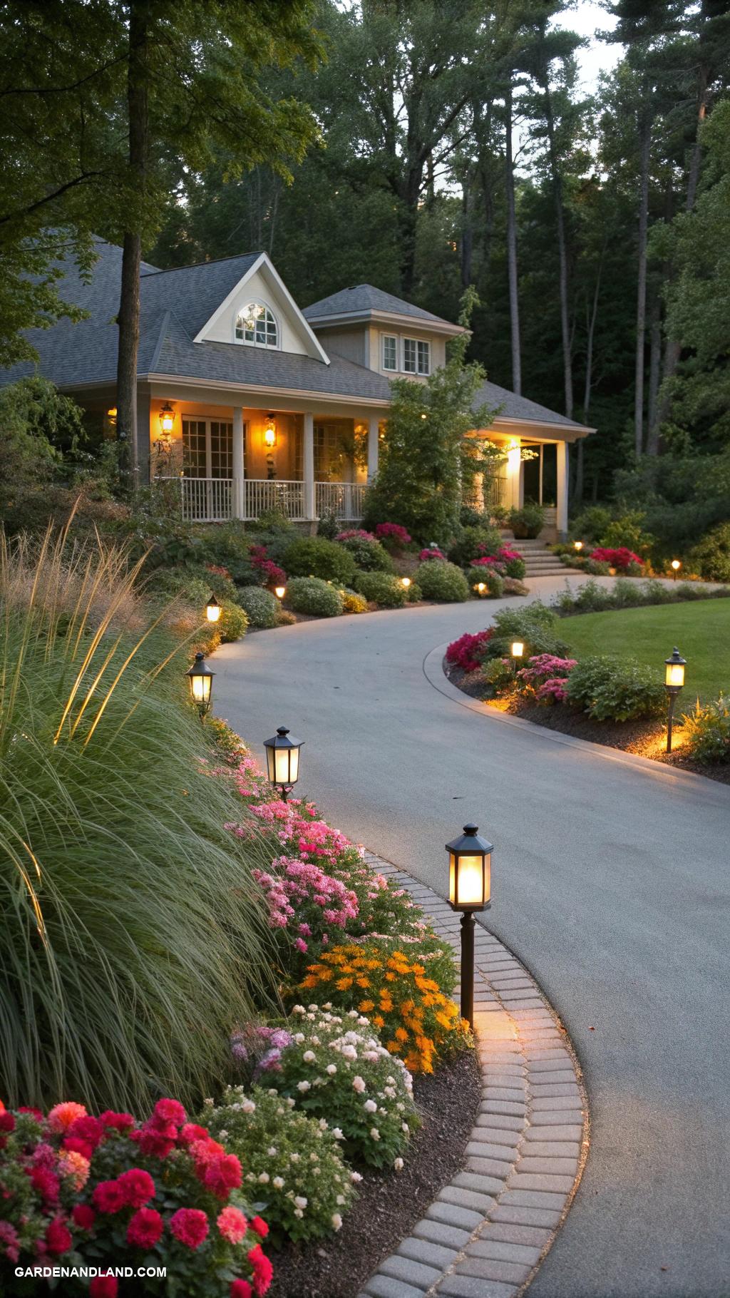 circular driveway ideas Solar lights lining the pathway