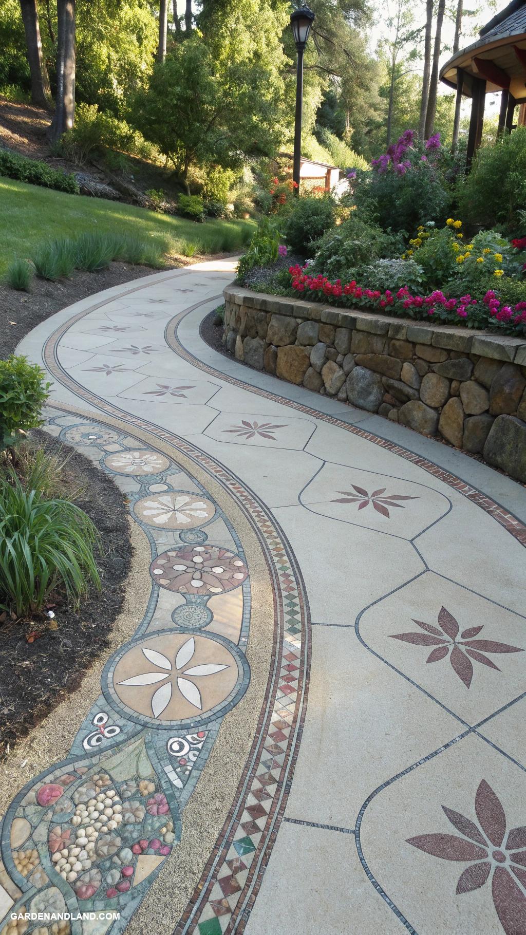 concrete driveway ideas Inlaid designs with pebbles or tiles
