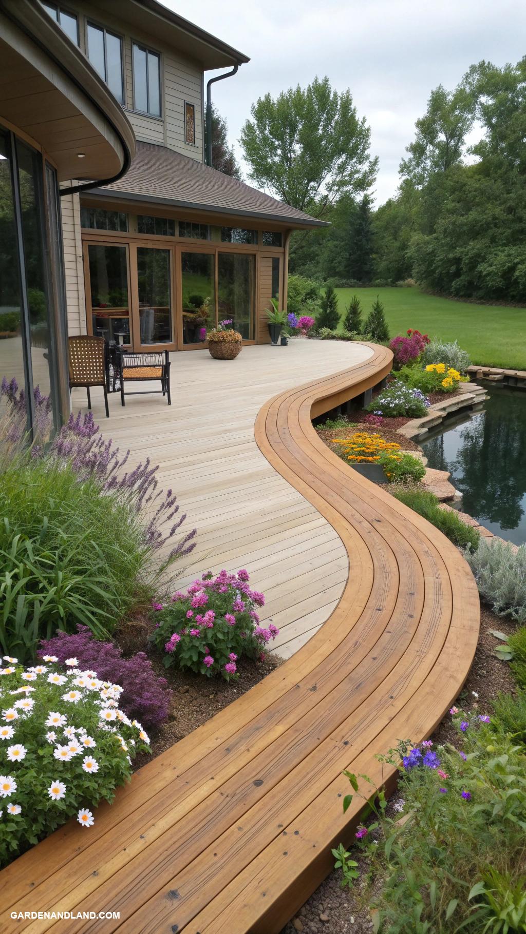 deck along side of house Curved deck blending with garden contours