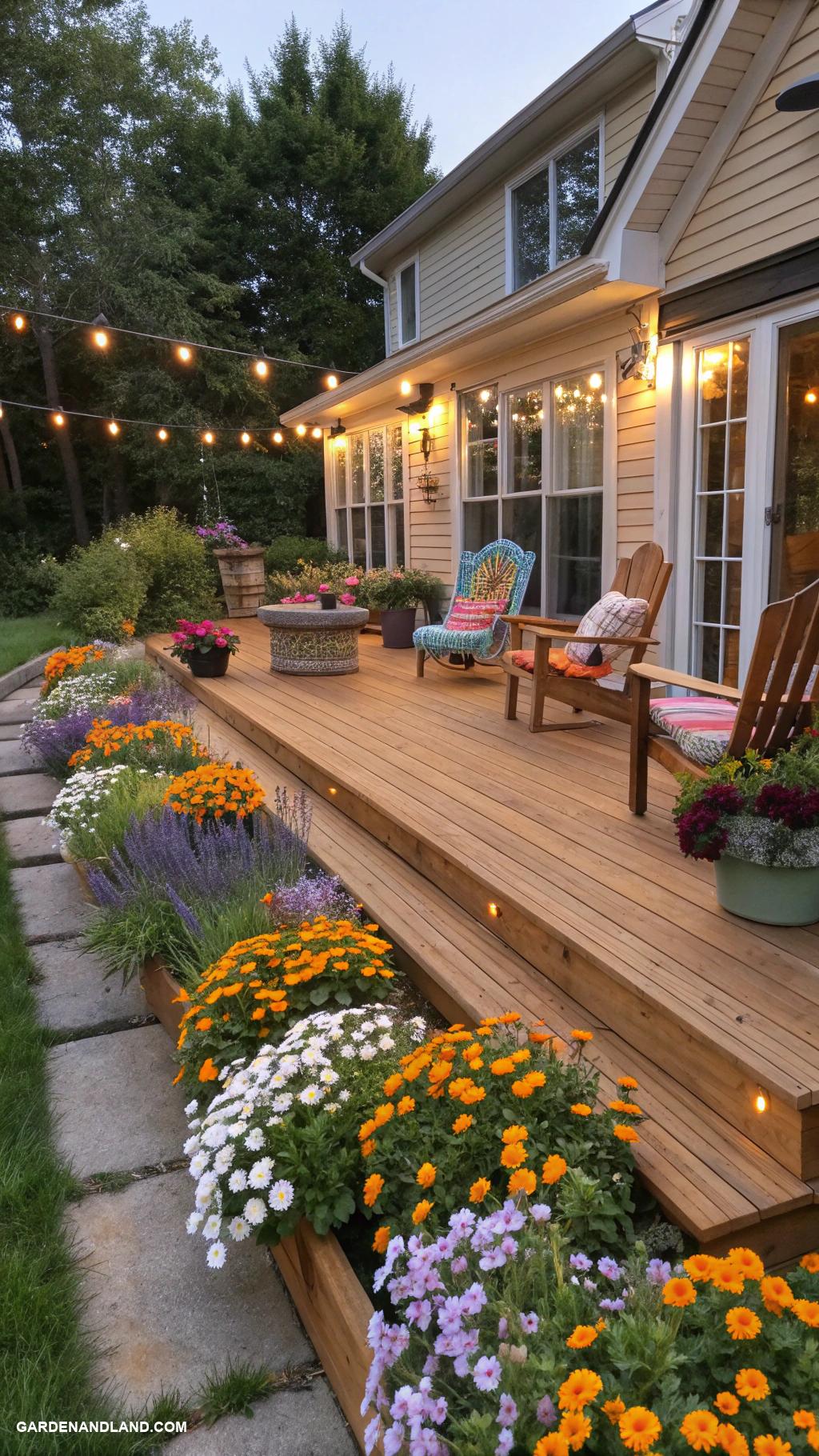 deck along side of house Deck surrounded by raised flower beds