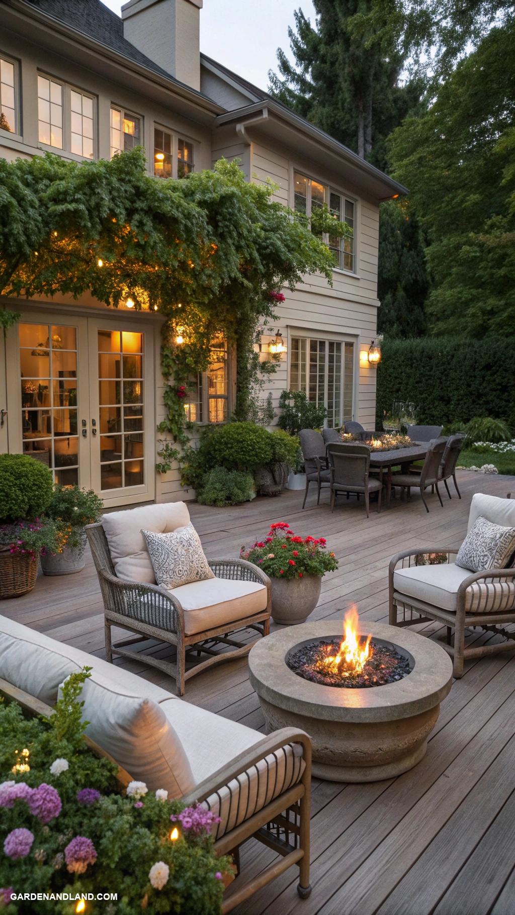 deck along side of house Deck with a fire pit centerpiece
